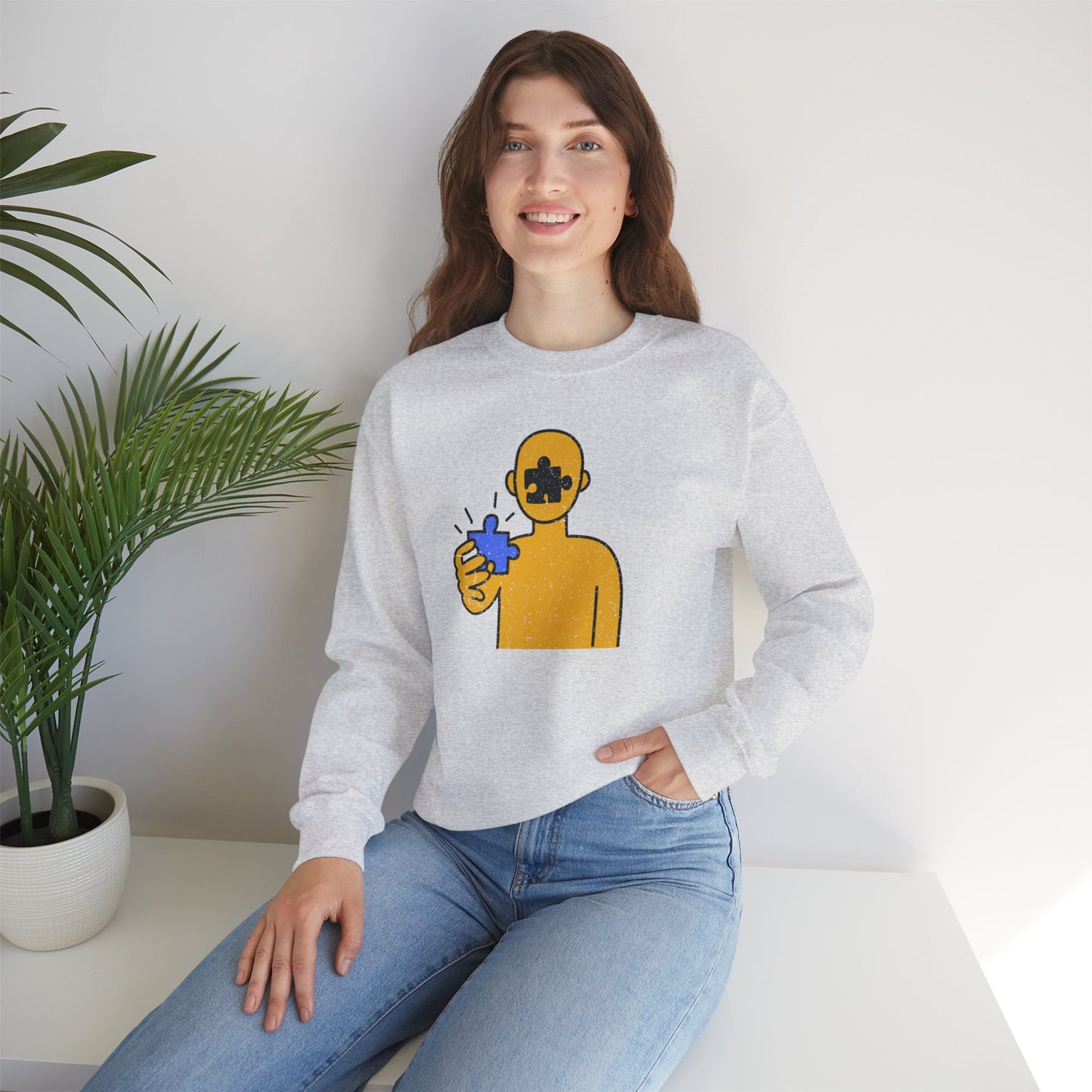 Distressed Crewneck Sweatshirt – Thoughtful Puzzle Piece Design with Human Theme