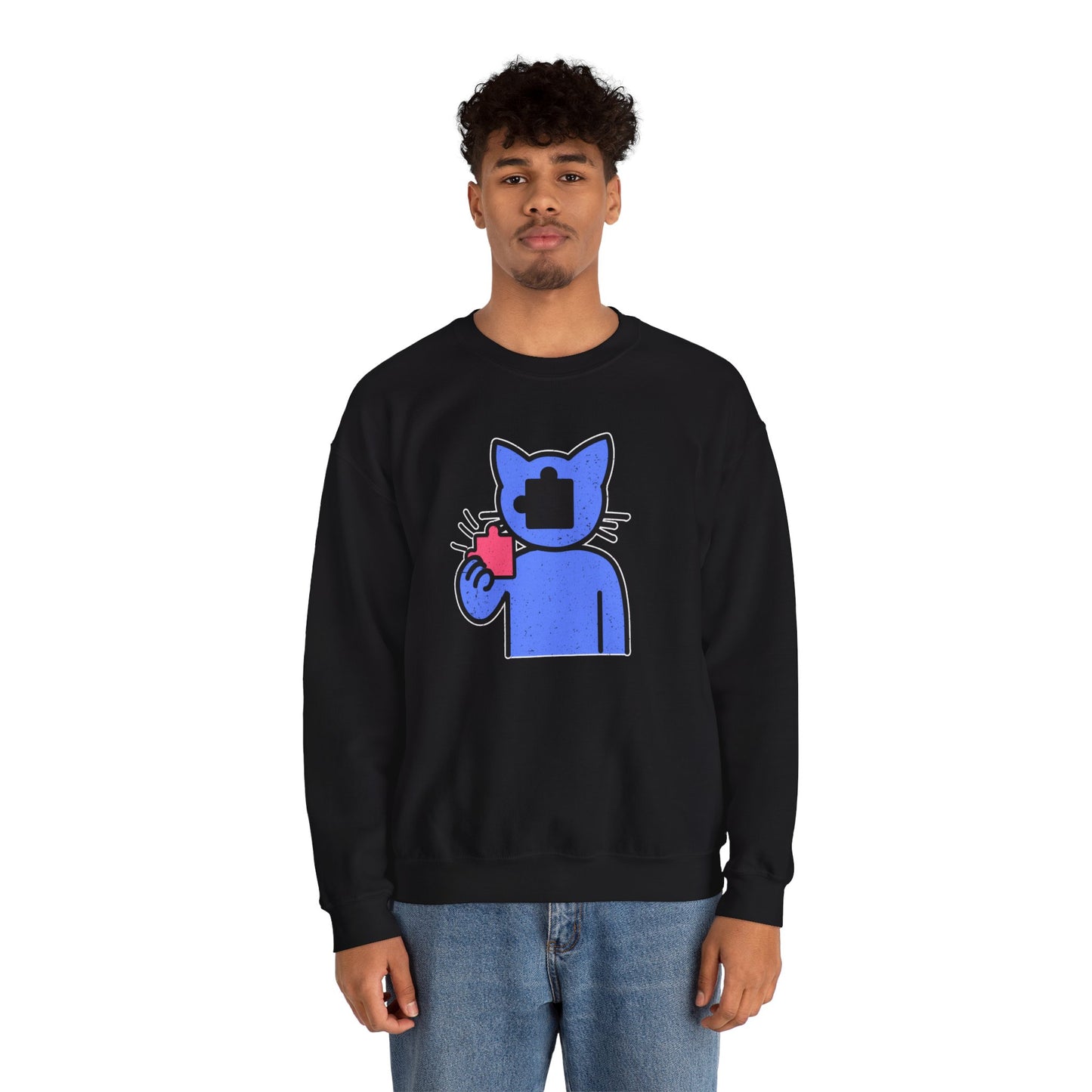 Cat Puzzle Piece Sweatshirt – Distressed Graphic Crewneck – Cozy Unisex Fleece for Life’s Puzzle Lovers