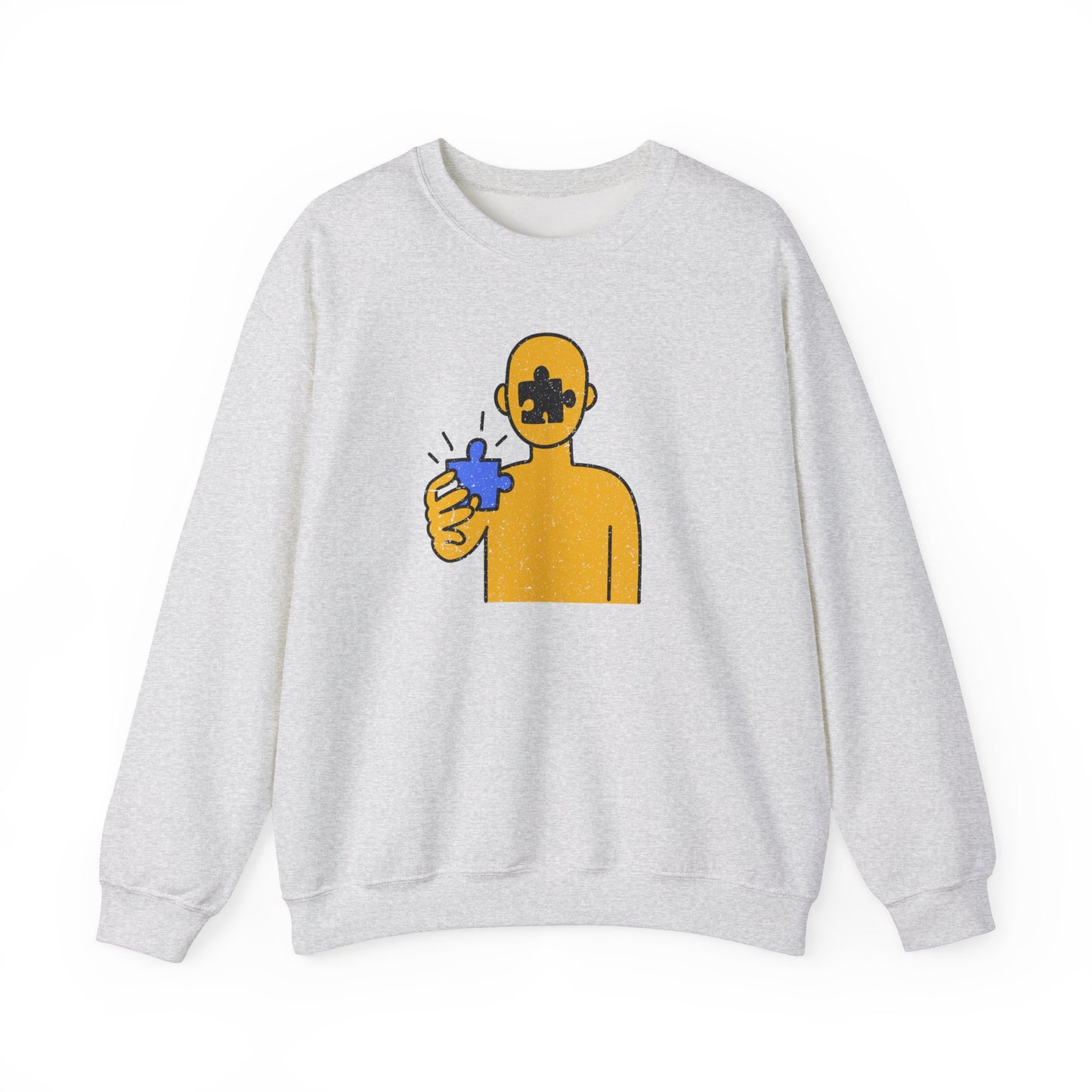 Distressed Crewneck Sweatshirt – Thoughtful Puzzle Piece Design with Human Theme