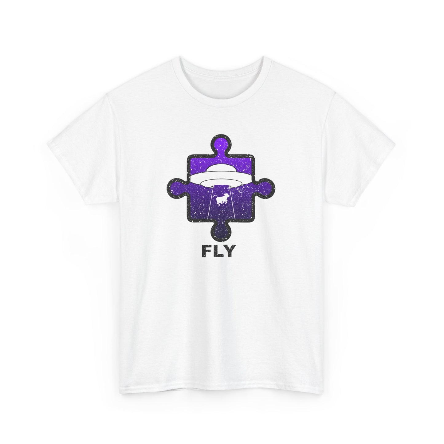 UFO Cow Abduction T-Shirt – ‘Fly’ Puzzle Piece Graphic Tee – Unisex Heavy Cotton Shirt Distressed Design