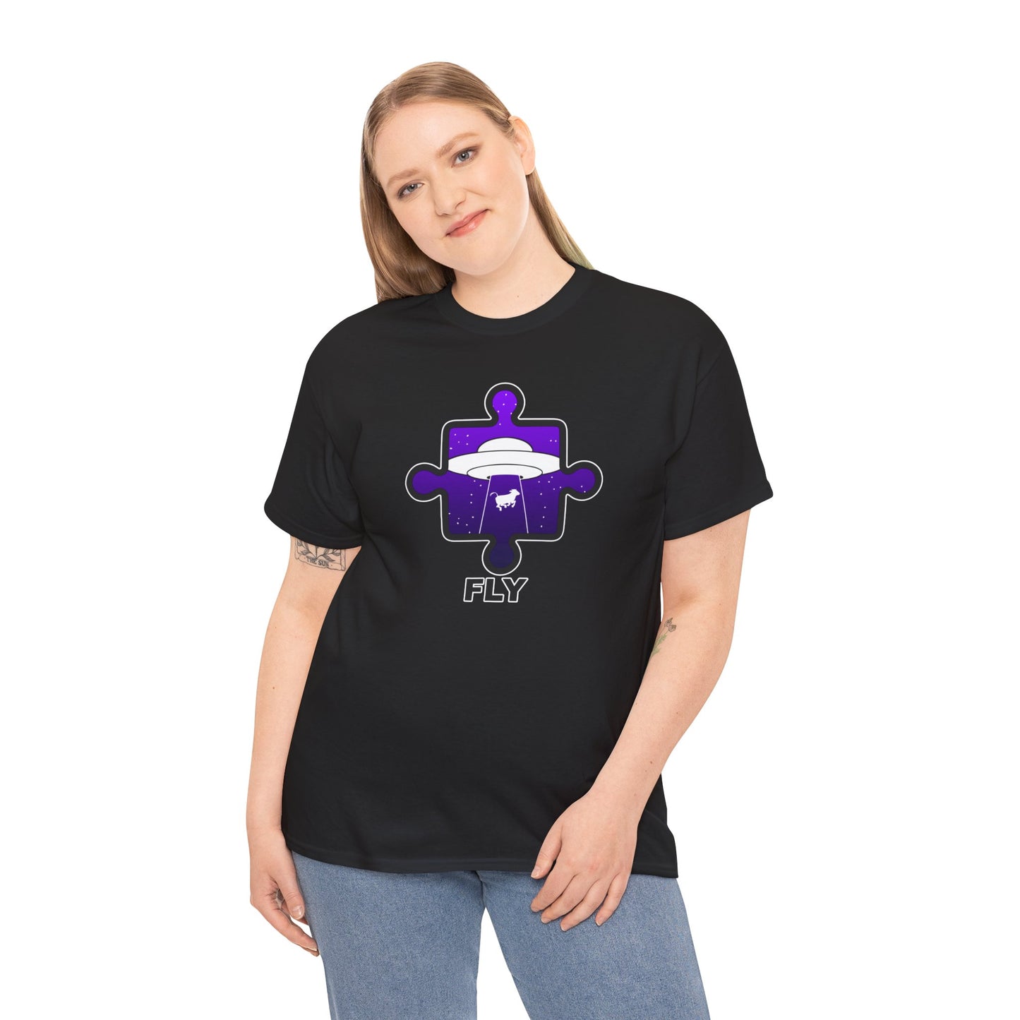 UFO Cow Abduction Puzzle Piece T-Shirt – ‘Fly’ Graphic Tee – Non-Distressed Design