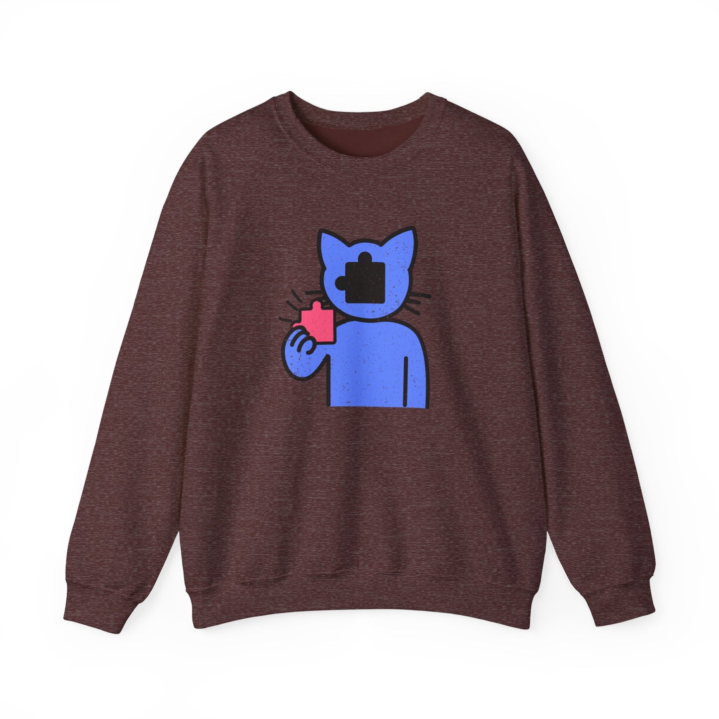 Cat Puzzle Piece Sweatshirt – Distressed Graphic Crewneck – Cozy Unisex Fleece for Life’s Puzzle Lovers