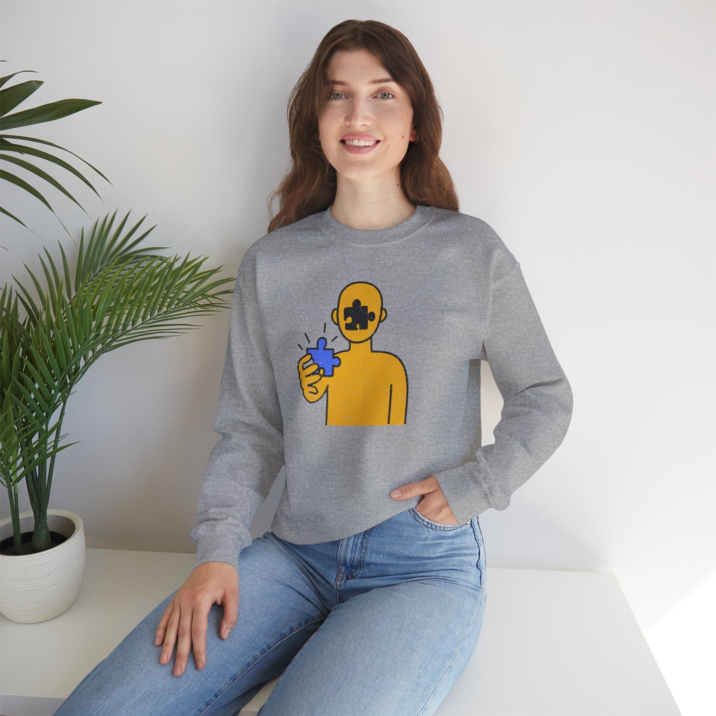 Distressed Crewneck Sweatshirt – Thoughtful Puzzle Piece Design with Human Theme