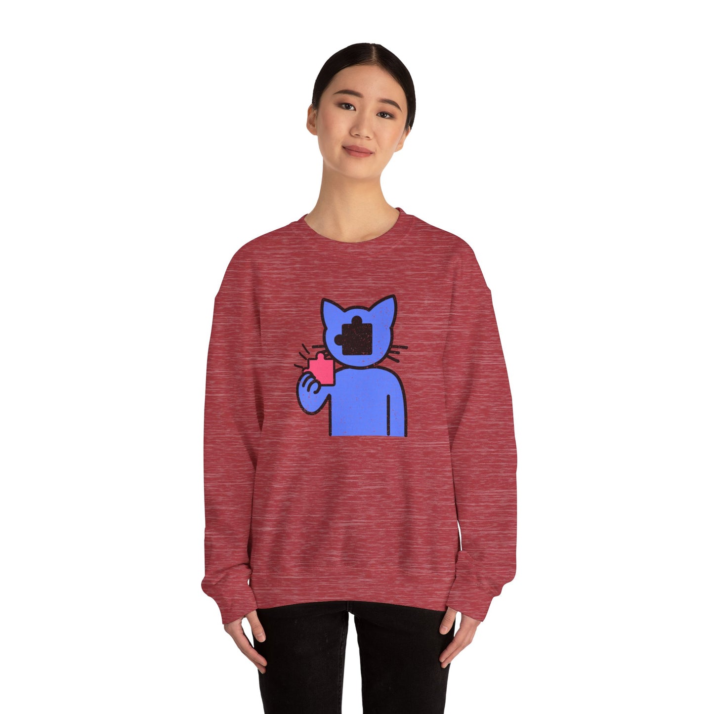 Cat Puzzle Piece Sweatshirt – Distressed Graphic Crewneck – Cozy Unisex Fleece for Life’s Puzzle Lovers
