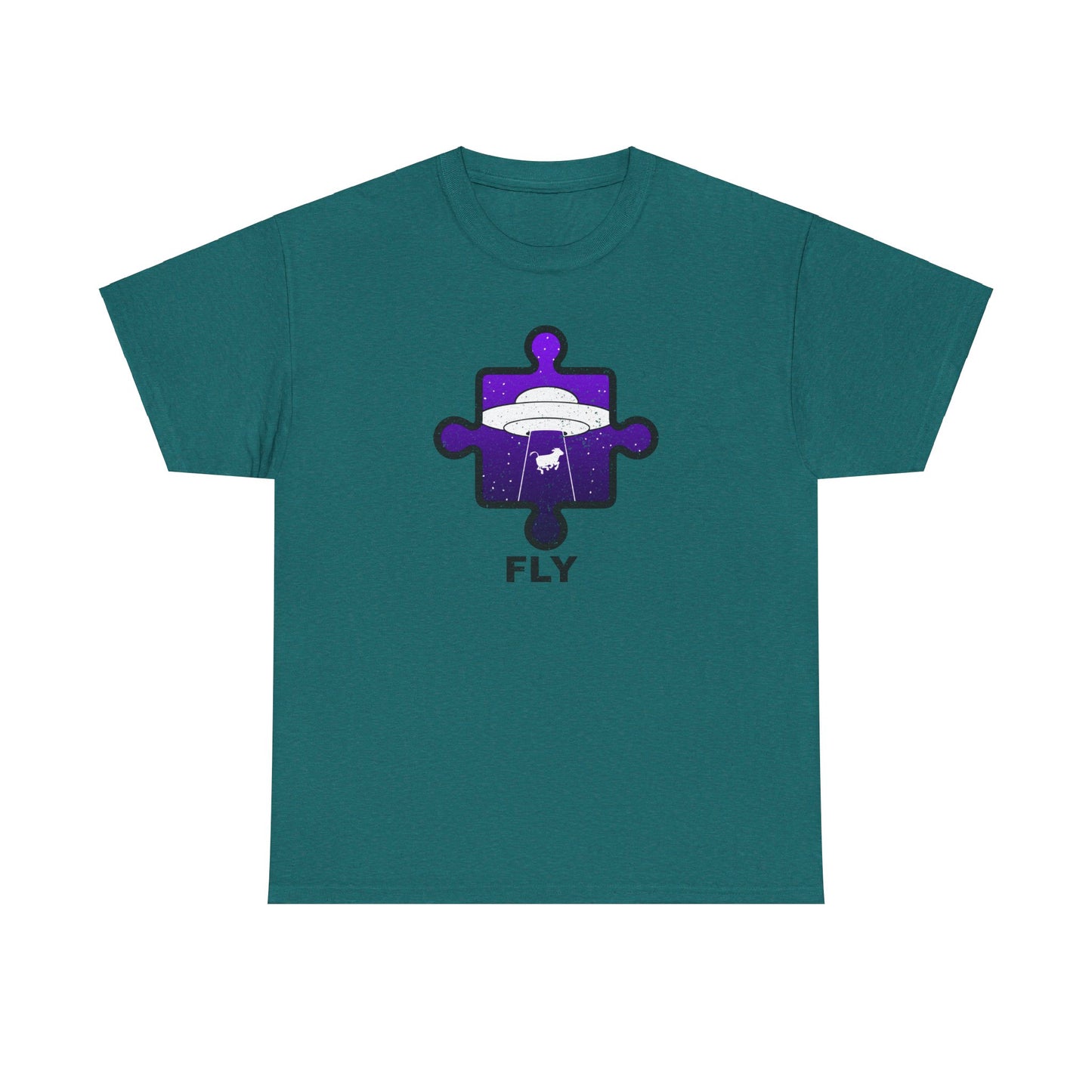 UFO Cow Abduction T-Shirt – ‘Fly’ Puzzle Piece Graphic Tee – Unisex Heavy Cotton Shirt Distressed Design