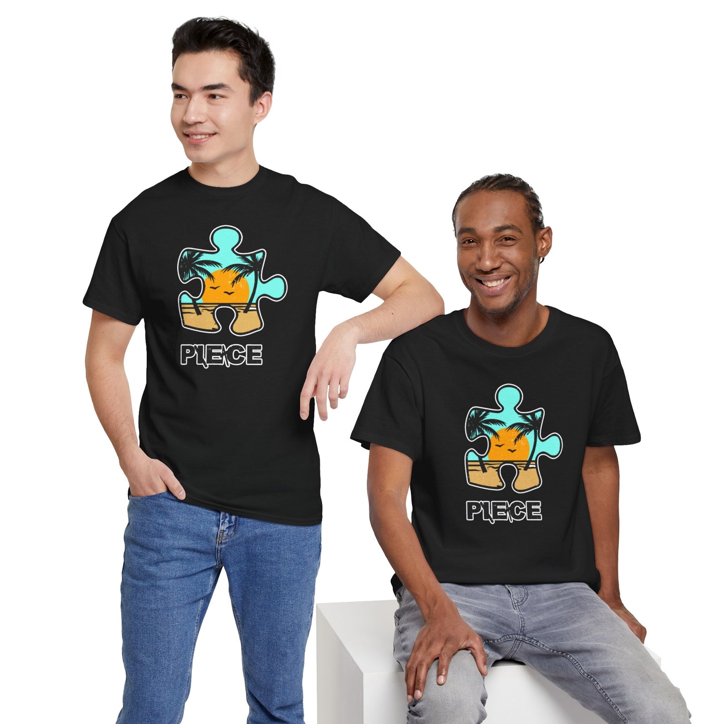 Peace Puzzle Piece T-Shirt – Distressed Beach Graphic Tee – Unisex Heavy Cotton Shirt for Tranquil Vibes