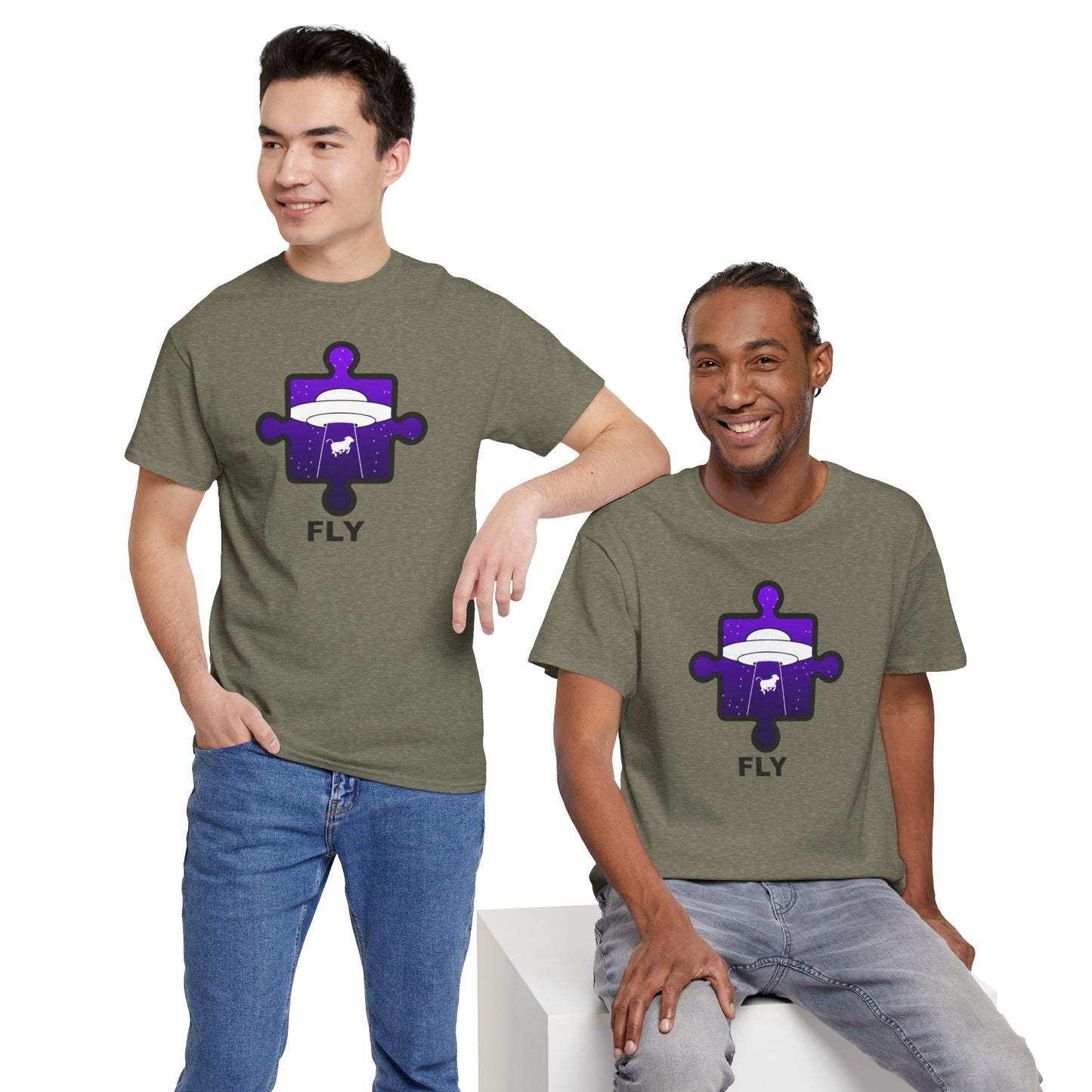 UFO Cow Abduction Puzzle Piece T-Shirt – ‘Fly’ Graphic Tee – Non-Distressed Design