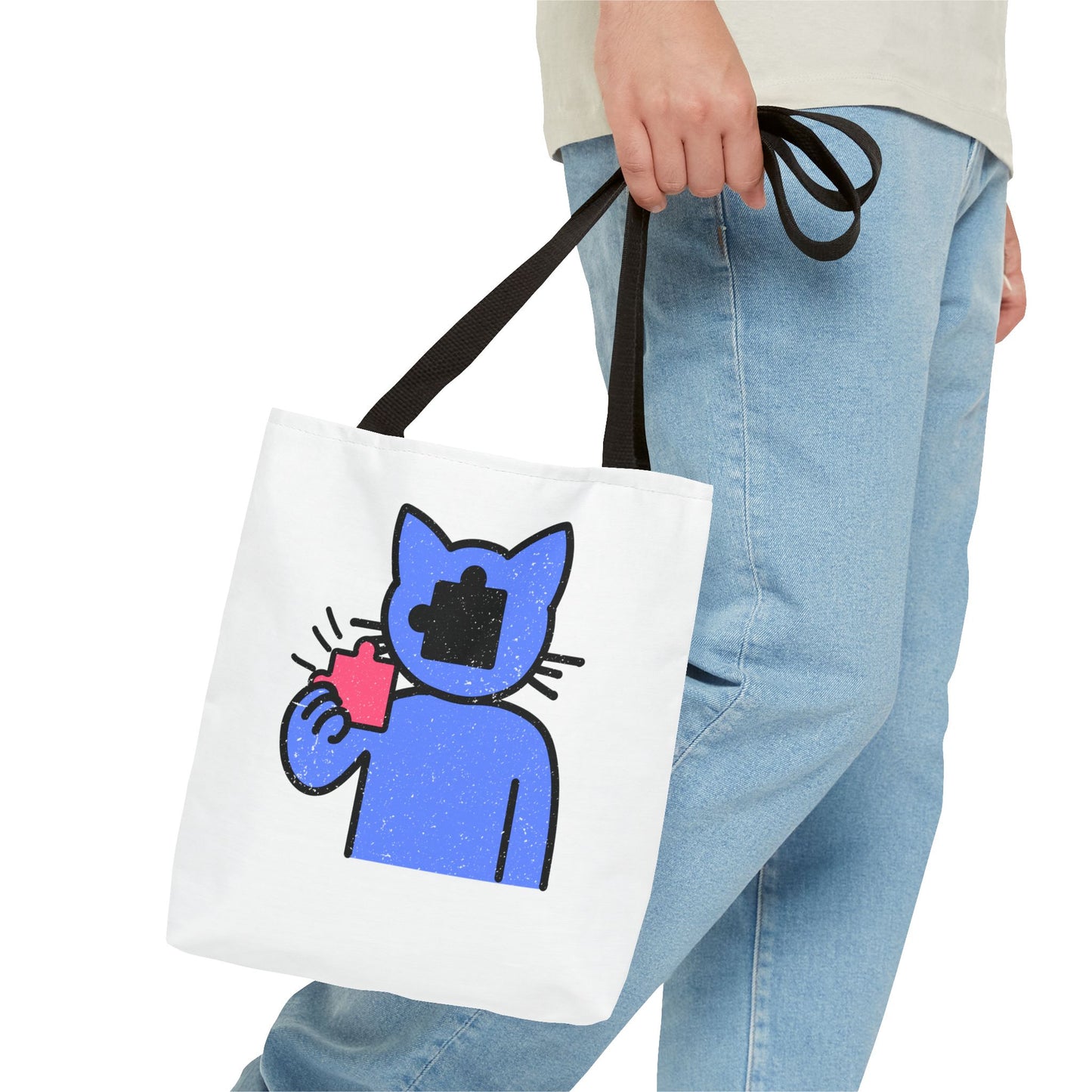 Distressed Tote Bag – Cat Puzzle Piece & Throne Design with ‘Rule’ Theme
