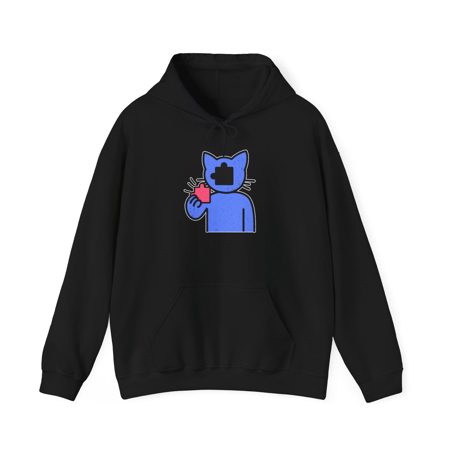 Cat Puzzle Piece Hoodie – Distressed Graphic Pullover – Cozy Unisex Hooded Sweatshirt for Puzzle Lovers