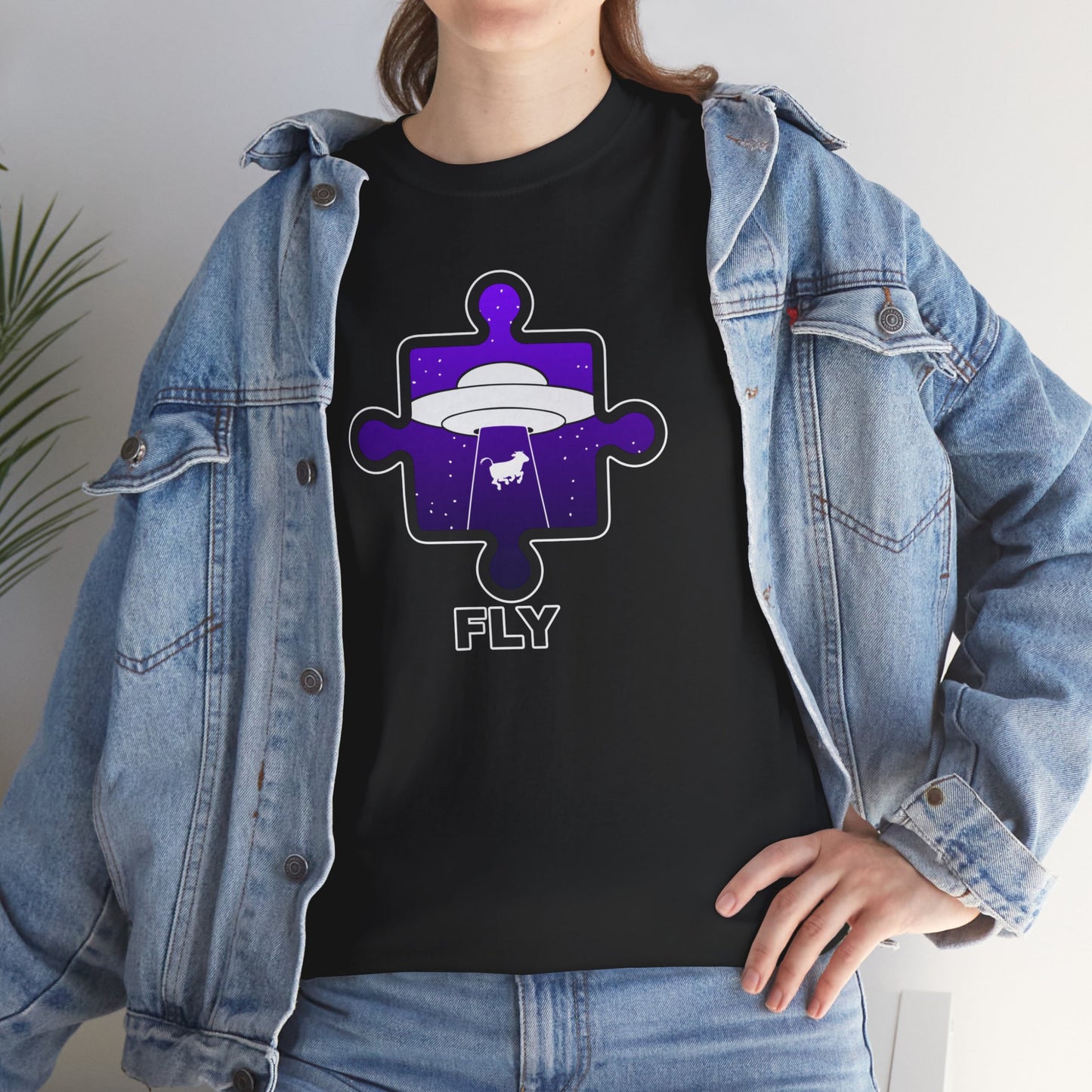 UFO Cow Abduction Puzzle Piece T-Shirt – ‘Fly’ Graphic Tee – Non-Distressed Design