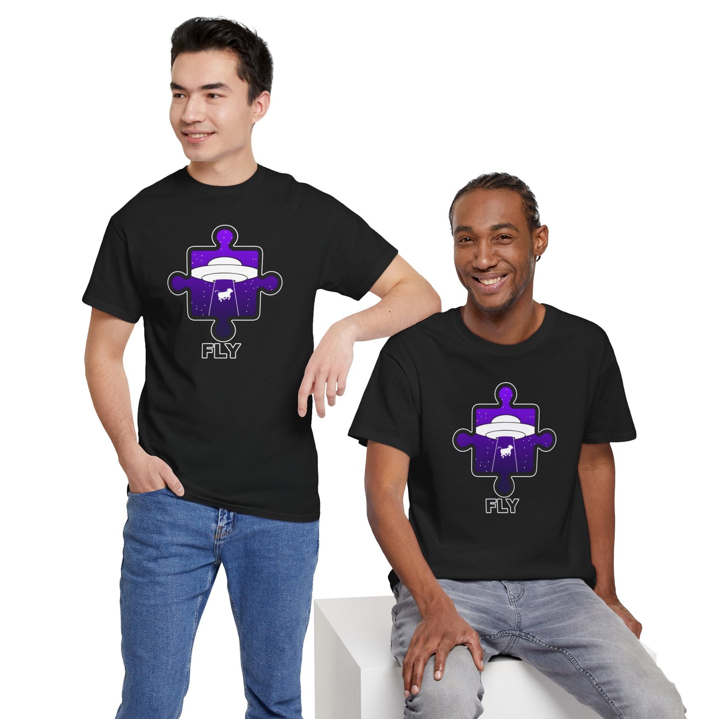 UFO Cow Abduction Puzzle Piece T-Shirt – ‘Fly’ Graphic Tee – Non-Distressed Design