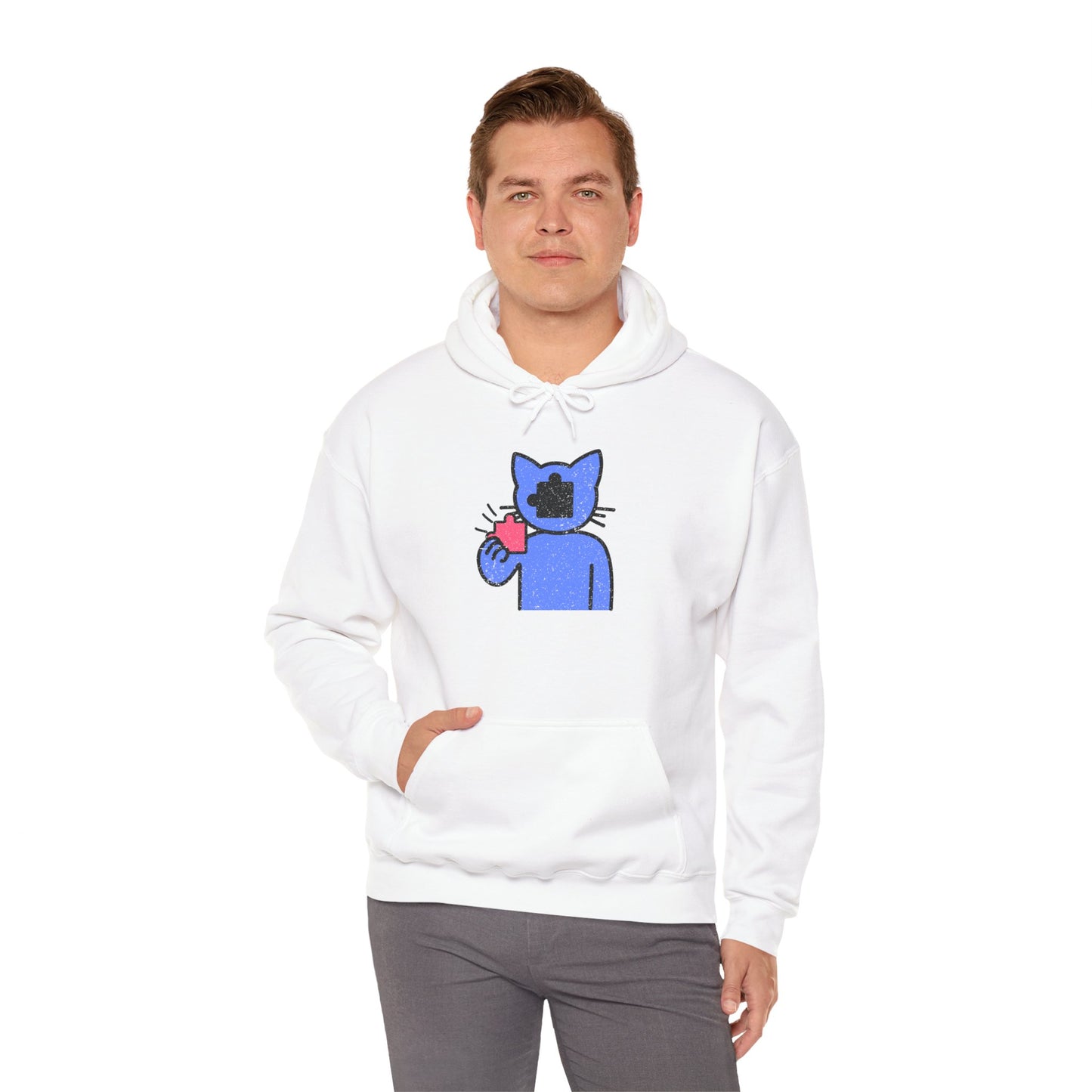 Cat Puzzle Piece Hoodie – Distressed Graphic Pullover – Cozy Unisex Hooded Sweatshirt for Puzzle Lovers