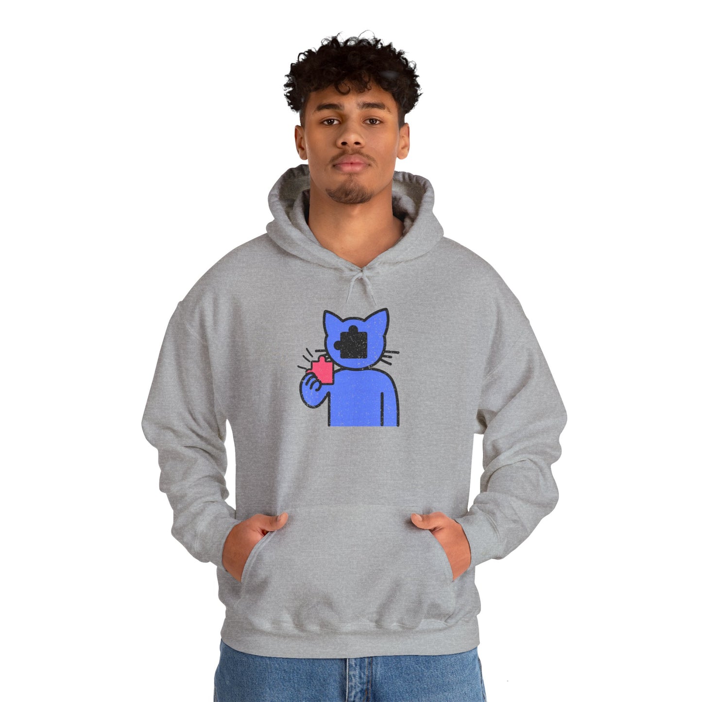 Cat Puzzle Piece Hoodie – Distressed Graphic Pullover – Cozy Unisex Hooded Sweatshirt for Puzzle Lovers