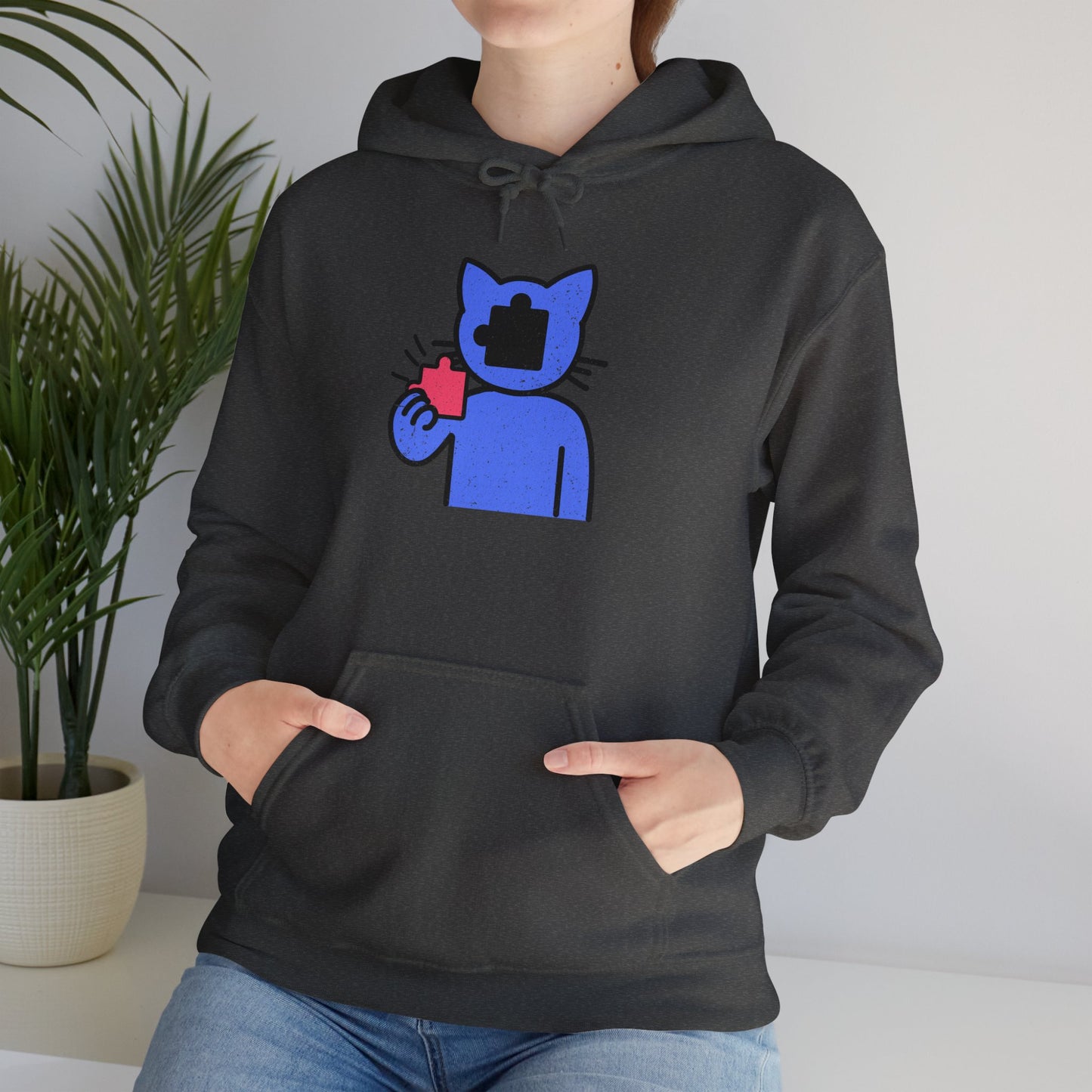 Cat Puzzle Piece Hoodie – Distressed Graphic Pullover – Cozy Unisex Hooded Sweatshirt for Puzzle Lovers