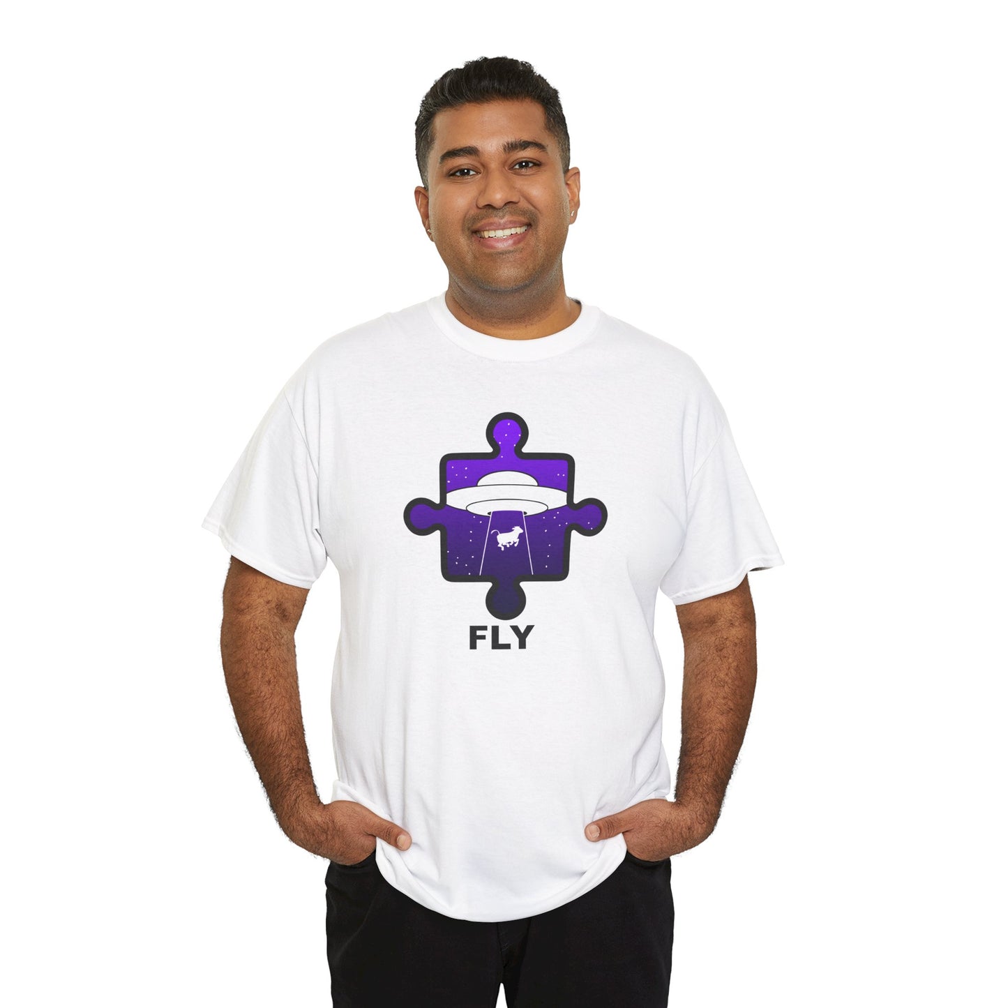 UFO Cow Abduction Puzzle Piece T-Shirt – ‘Fly’ Graphic Tee – Non-Distressed Design