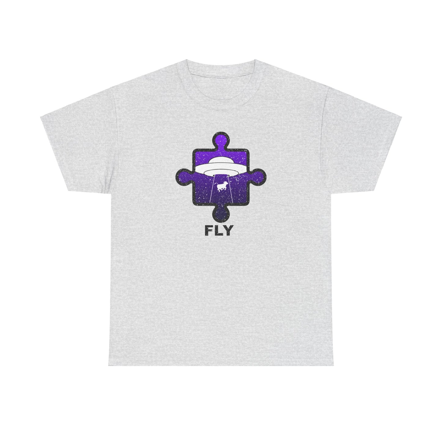 UFO Cow Abduction T-Shirt – ‘Fly’ Puzzle Piece Graphic Tee – Unisex Heavy Cotton Shirt Distressed Design