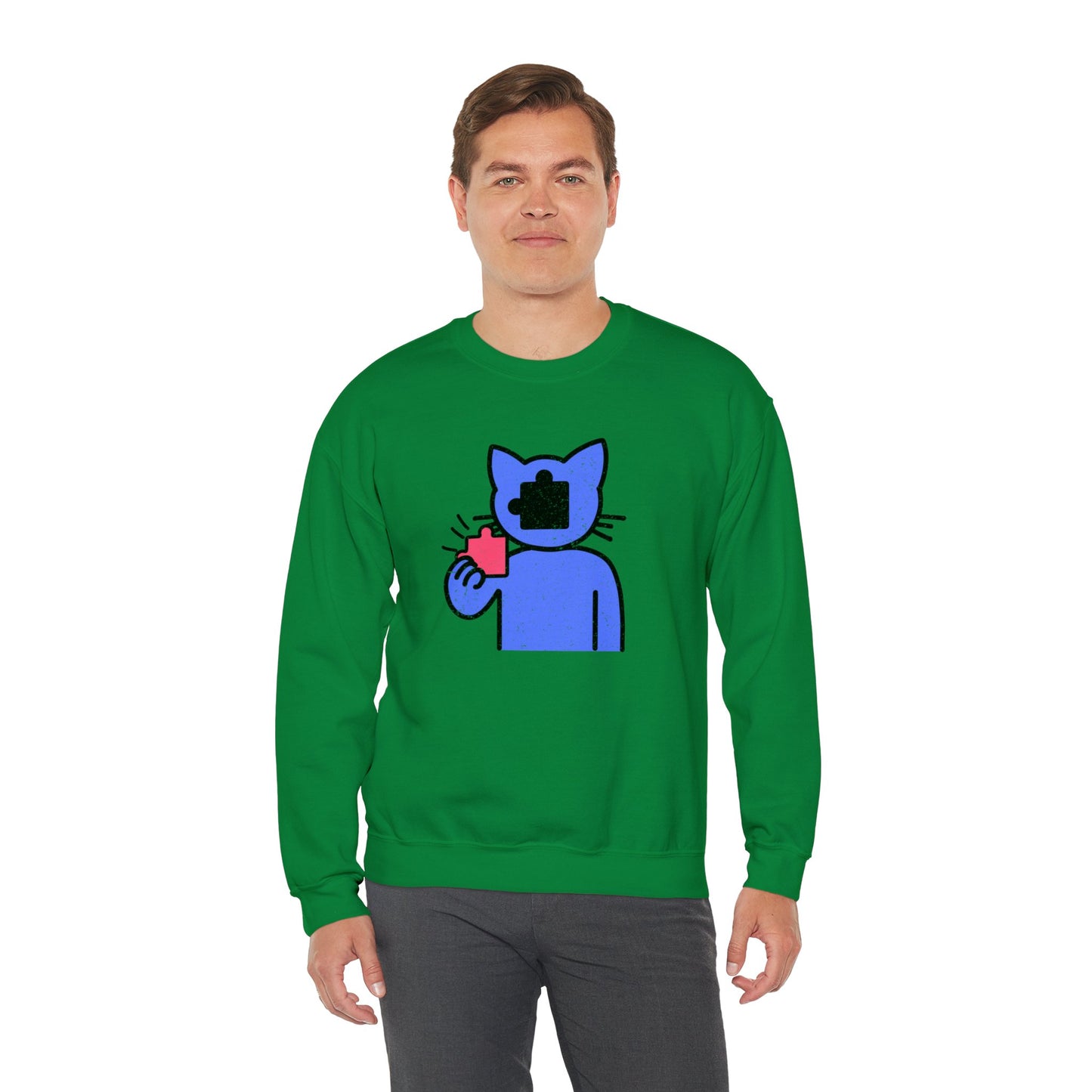 Cat Puzzle Piece Sweatshirt – Distressed Graphic Crewneck – Cozy Unisex Fleece for Life’s Puzzle Lovers