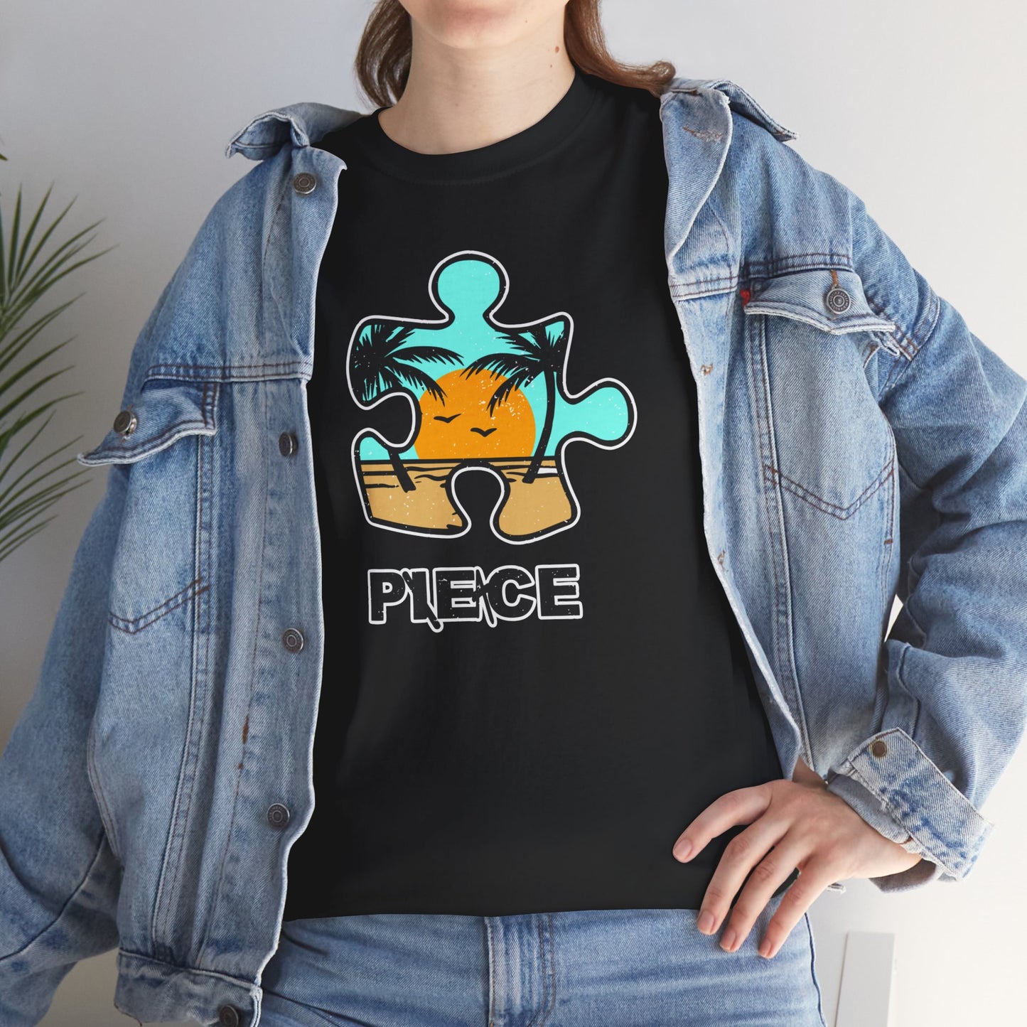 Peace Puzzle Piece T-Shirt – Distressed Beach Graphic Tee – Unisex Heavy Cotton Shirt for Tranquil Vibes