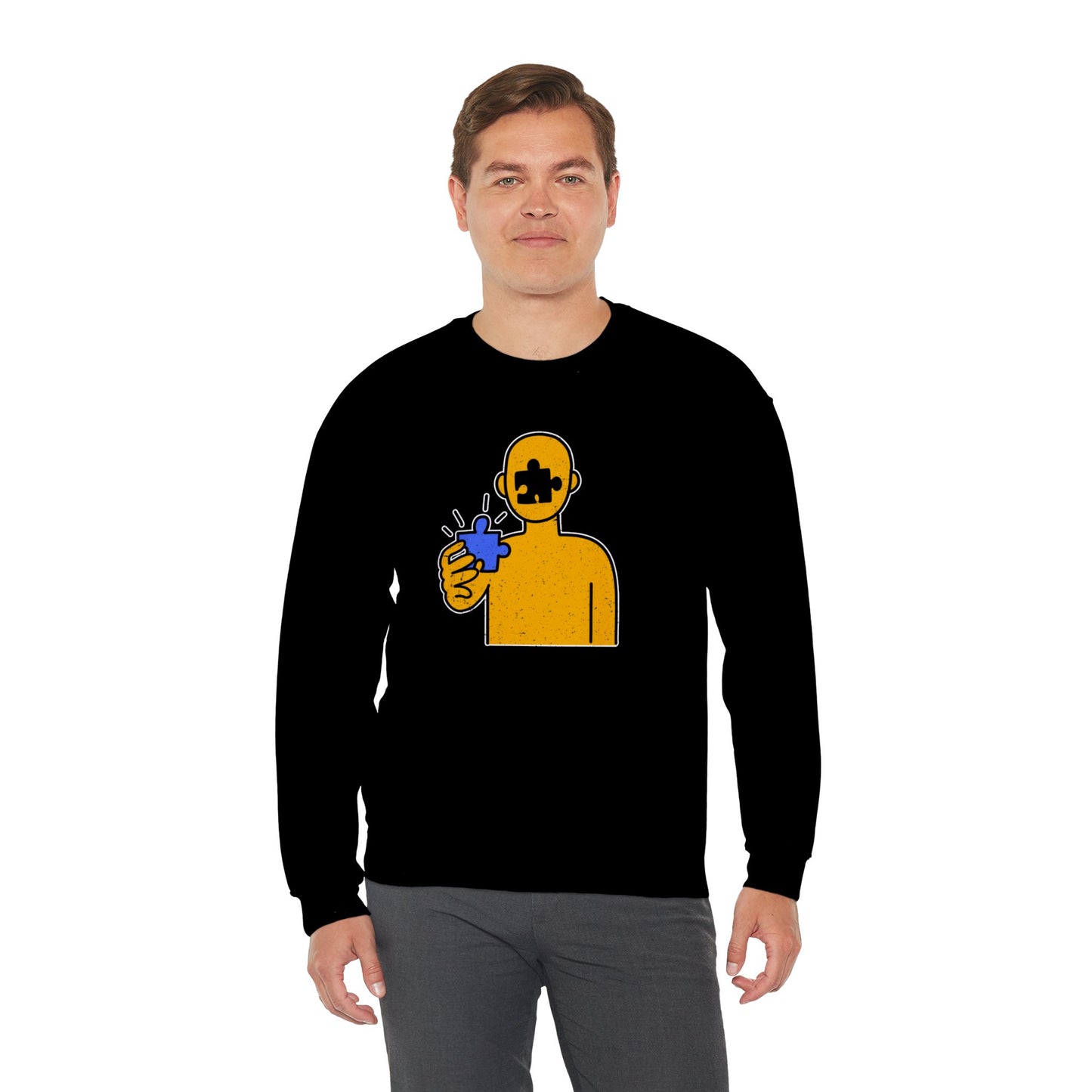 Distressed Crewneck Sweatshirt – Thoughtful Puzzle Piece Design with Human Theme