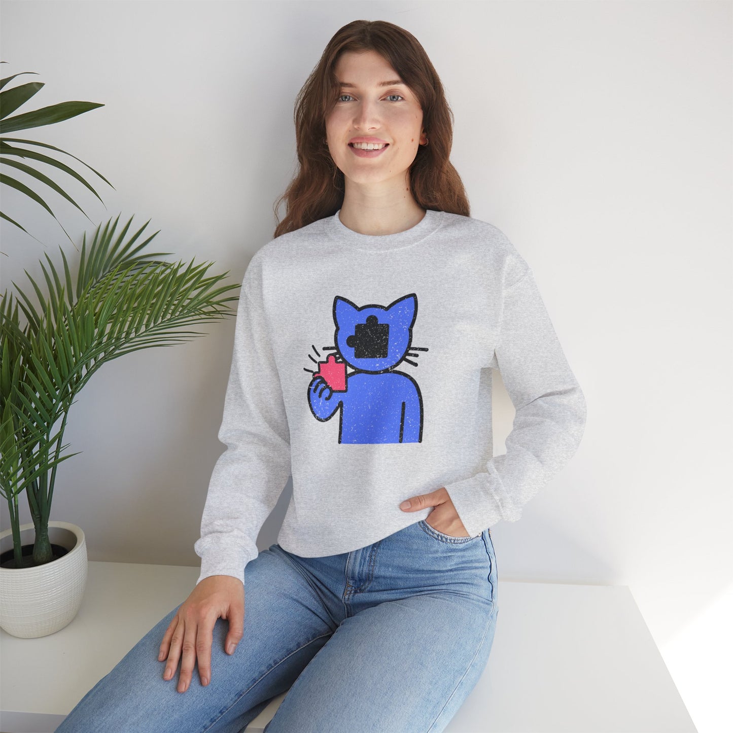 Cat Puzzle Piece Sweatshirt – Distressed Graphic Crewneck – Cozy Unisex Fleece for Life’s Puzzle Lovers