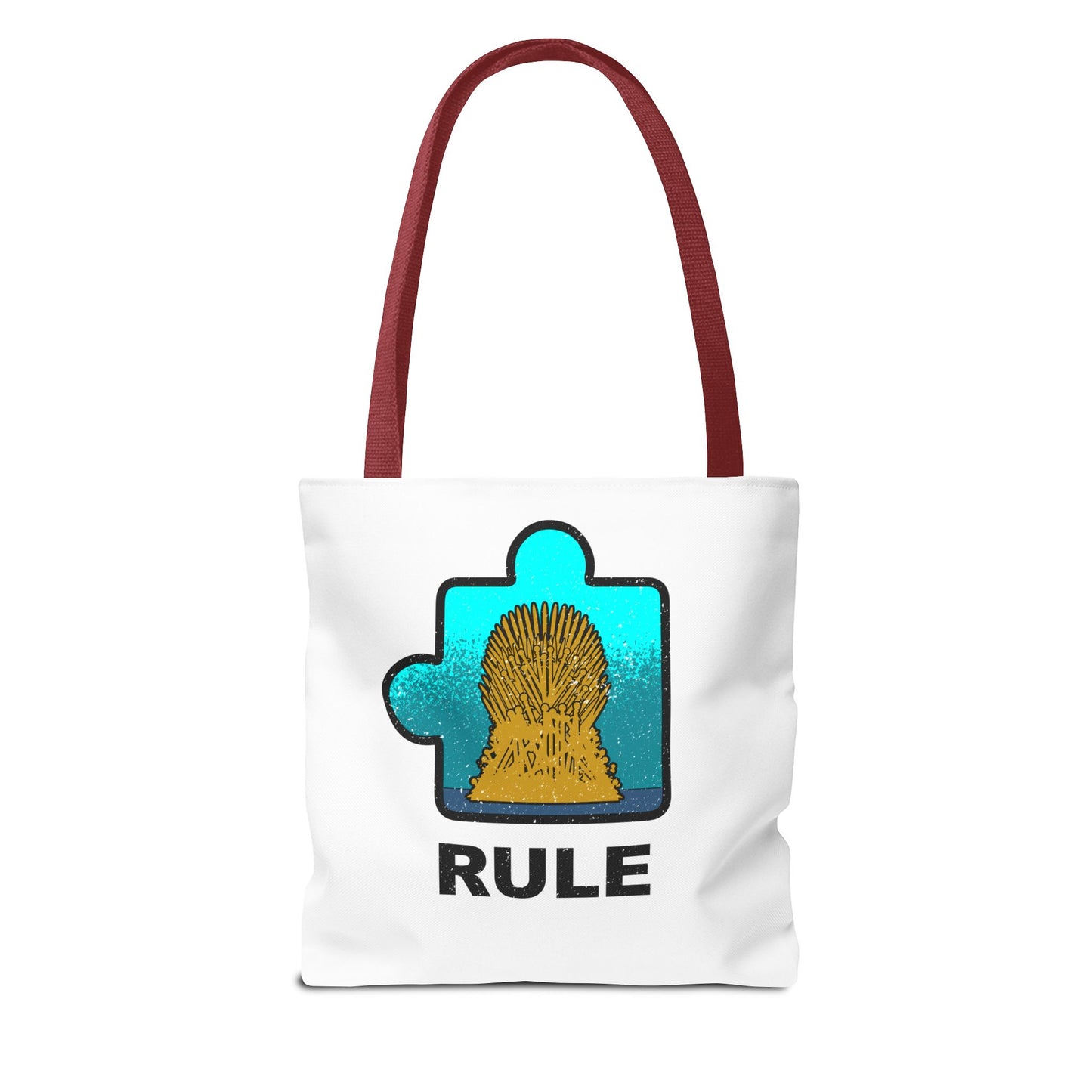Distressed Tote Bag – Cat Puzzle Piece & Throne Design with ‘Rule’ Theme