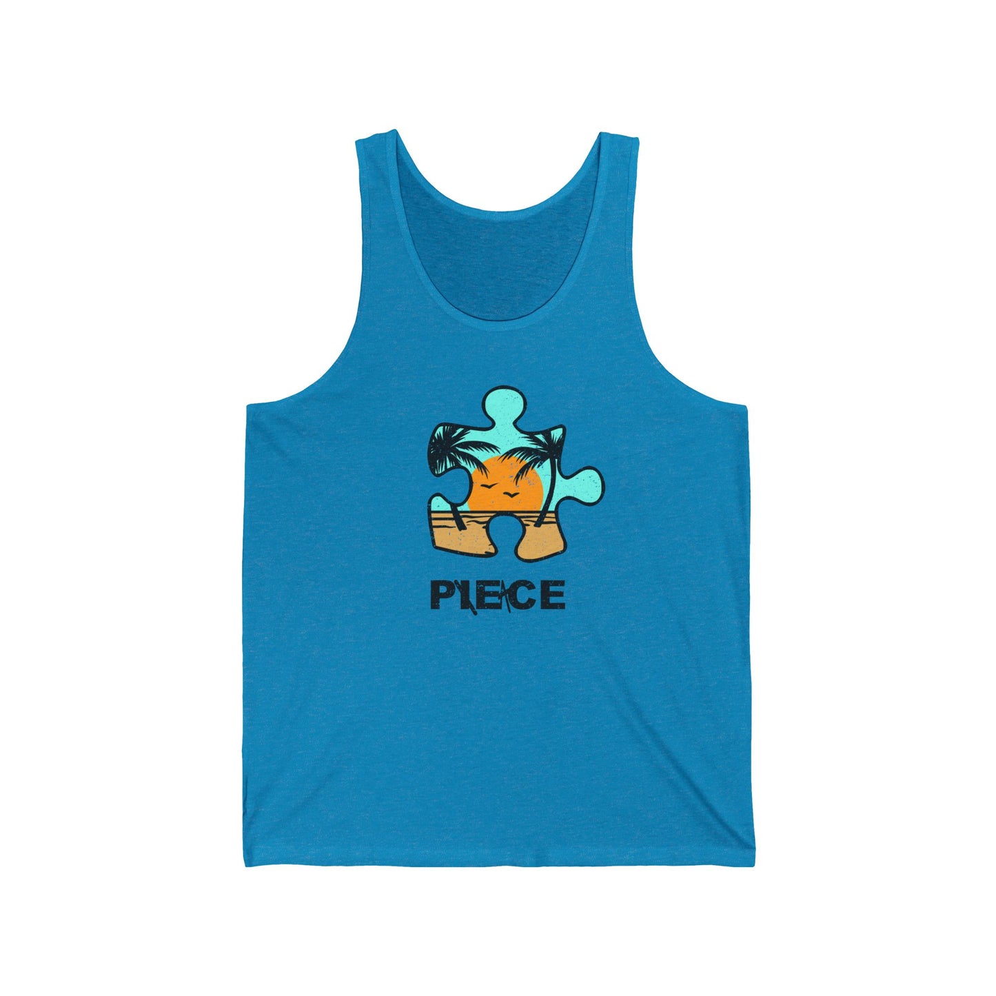 Peace Puzzle Piece Tank Top – Distressed Beach Graphic – Unisex Jersey Tank for Sunny Days and Good Vibes