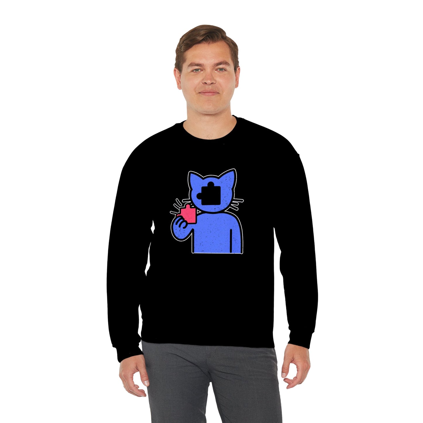 Cat Puzzle Piece Sweatshirt – Distressed Graphic Crewneck – Cozy Unisex Fleece for Life’s Puzzle Lovers