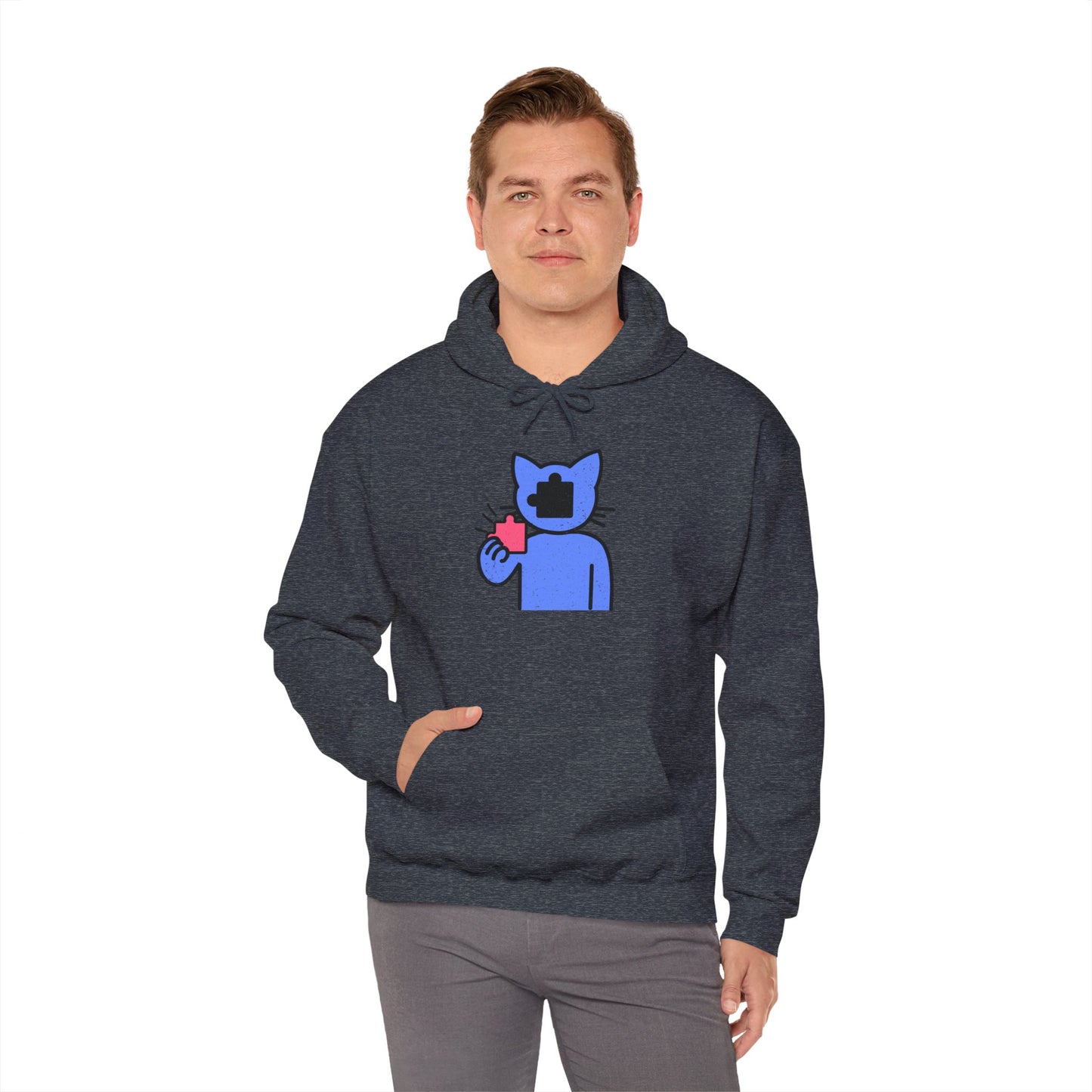Cat Puzzle Piece Hoodie – Distressed Graphic Pullover – Cozy Unisex Hooded Sweatshirt for Puzzle Lovers