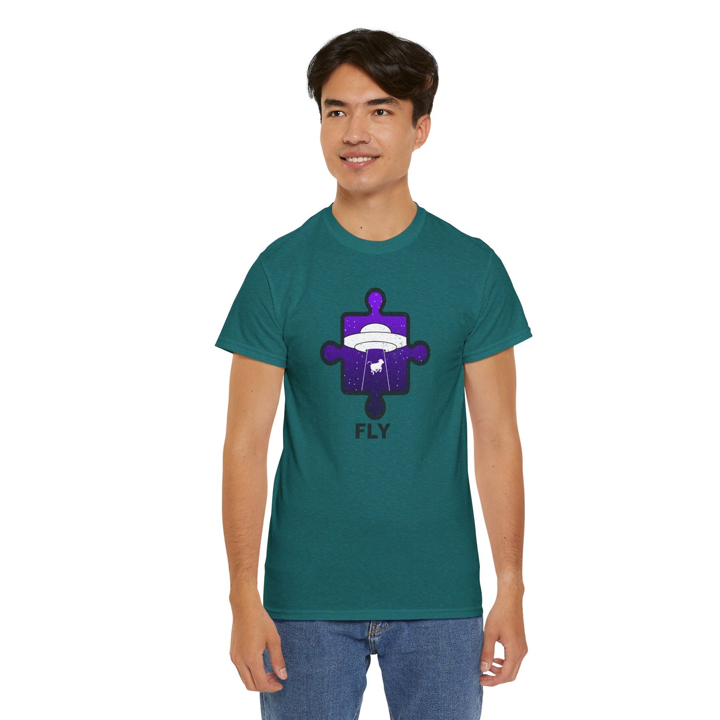 UFO Cow Abduction T-Shirt – ‘Fly’ Puzzle Piece Graphic Tee – Unisex Heavy Cotton Shirt Distressed Design