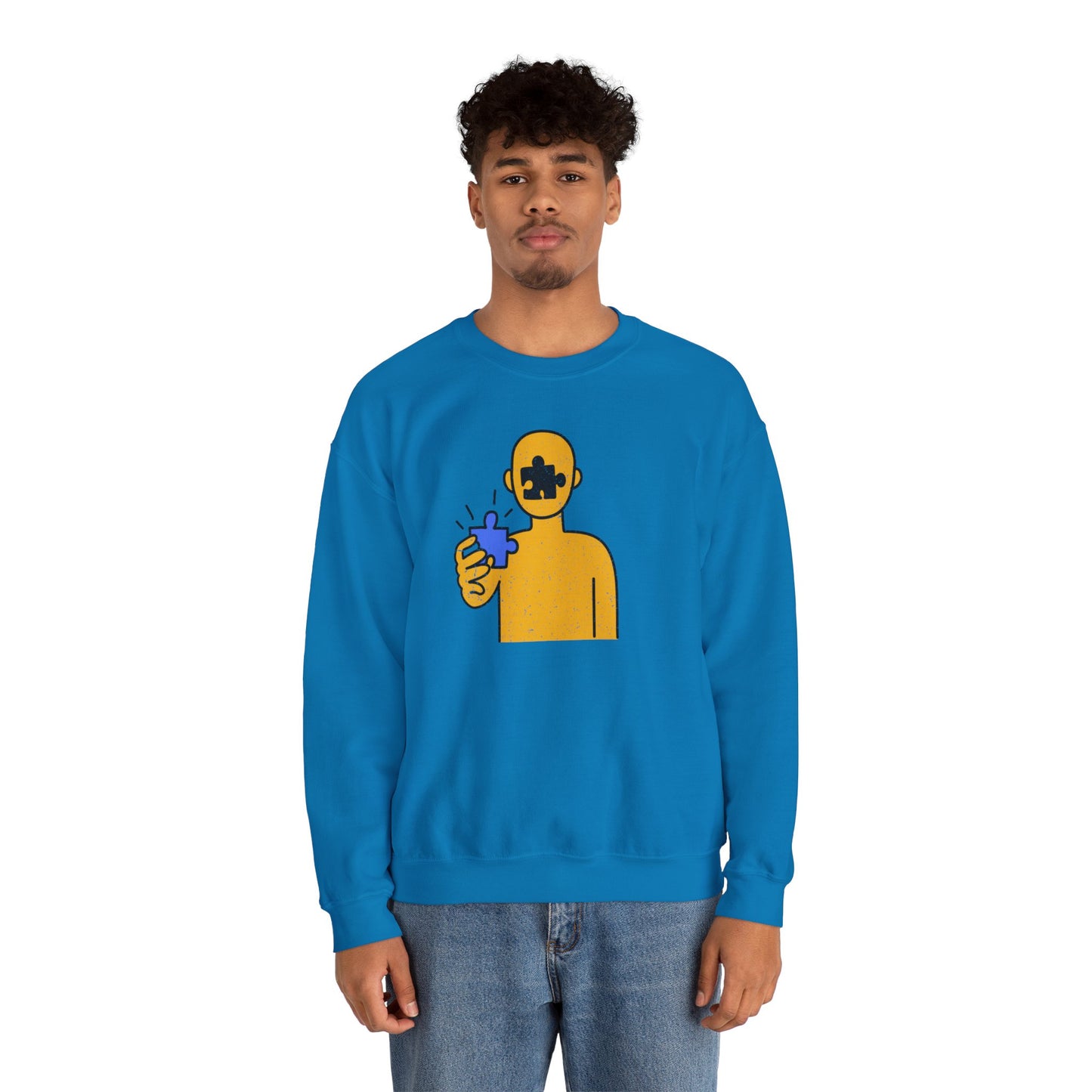 Distressed Crewneck Sweatshirt – Thoughtful Puzzle Piece Design with Human Theme