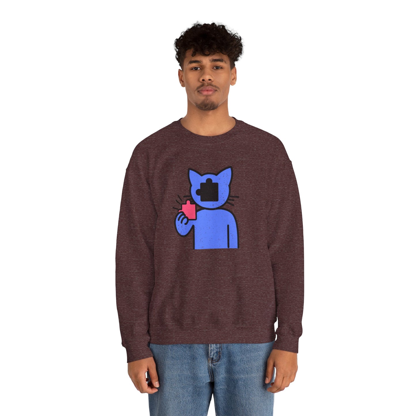 Cat Puzzle Piece Sweatshirt – Distressed Graphic Crewneck – Cozy Unisex Fleece for Life’s Puzzle Lovers