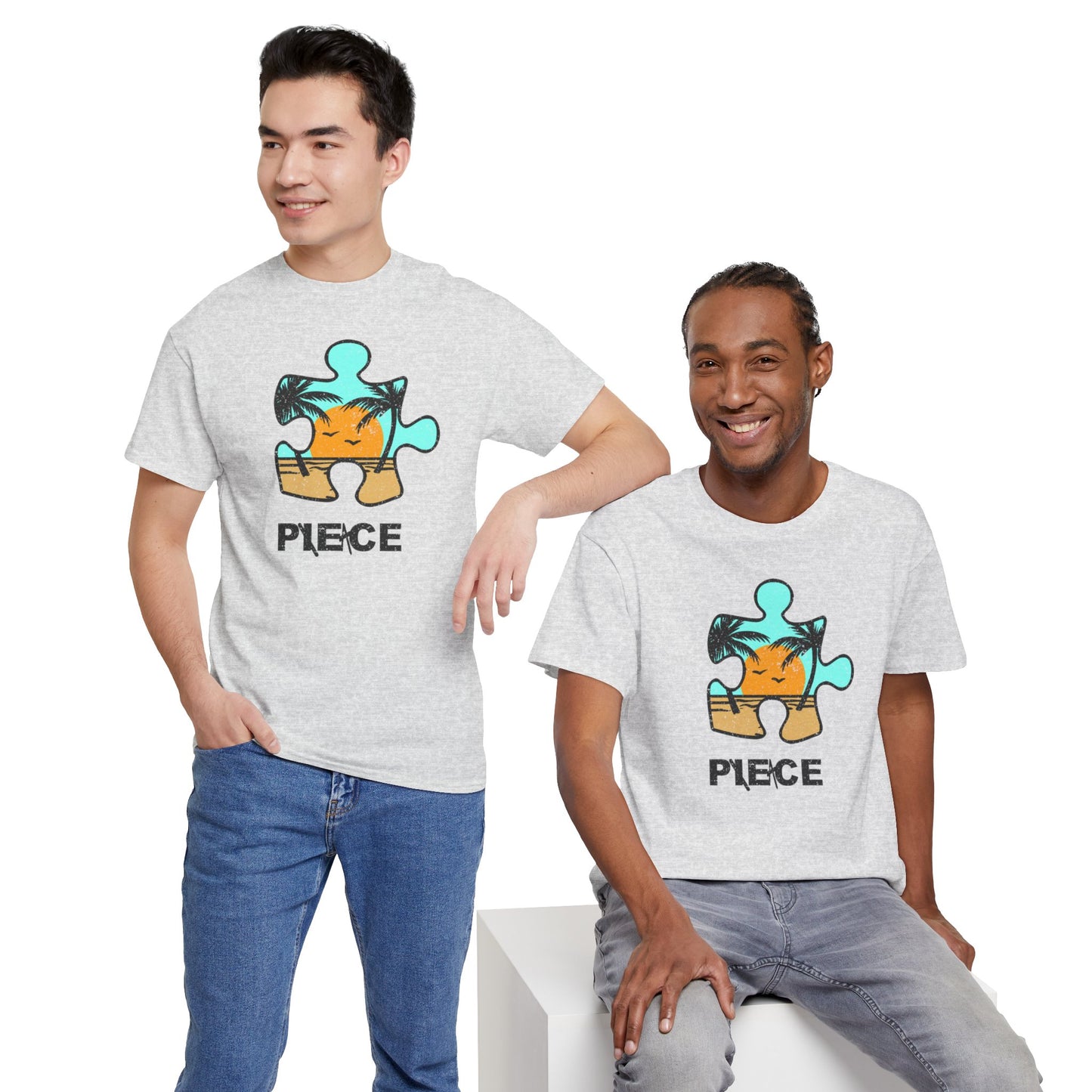 Peace Puzzle Piece T-Shirt – Distressed Beach Graphic Tee – Unisex Heavy Cotton Shirt for Tranquil Vibes