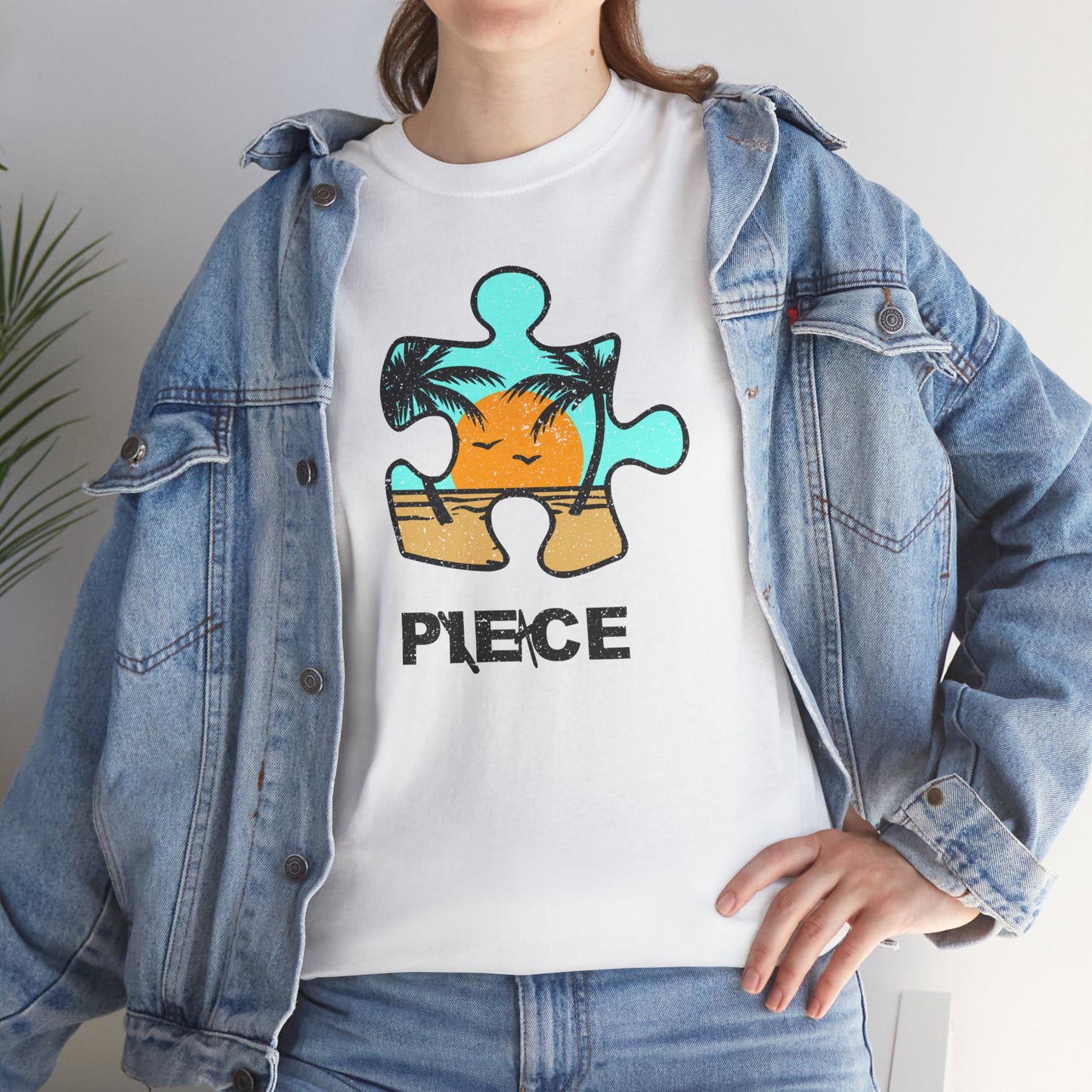 Peace Puzzle Piece T-Shirt – Distressed Beach Graphic Tee – Unisex Heavy Cotton Shirt for Tranquil Vibes