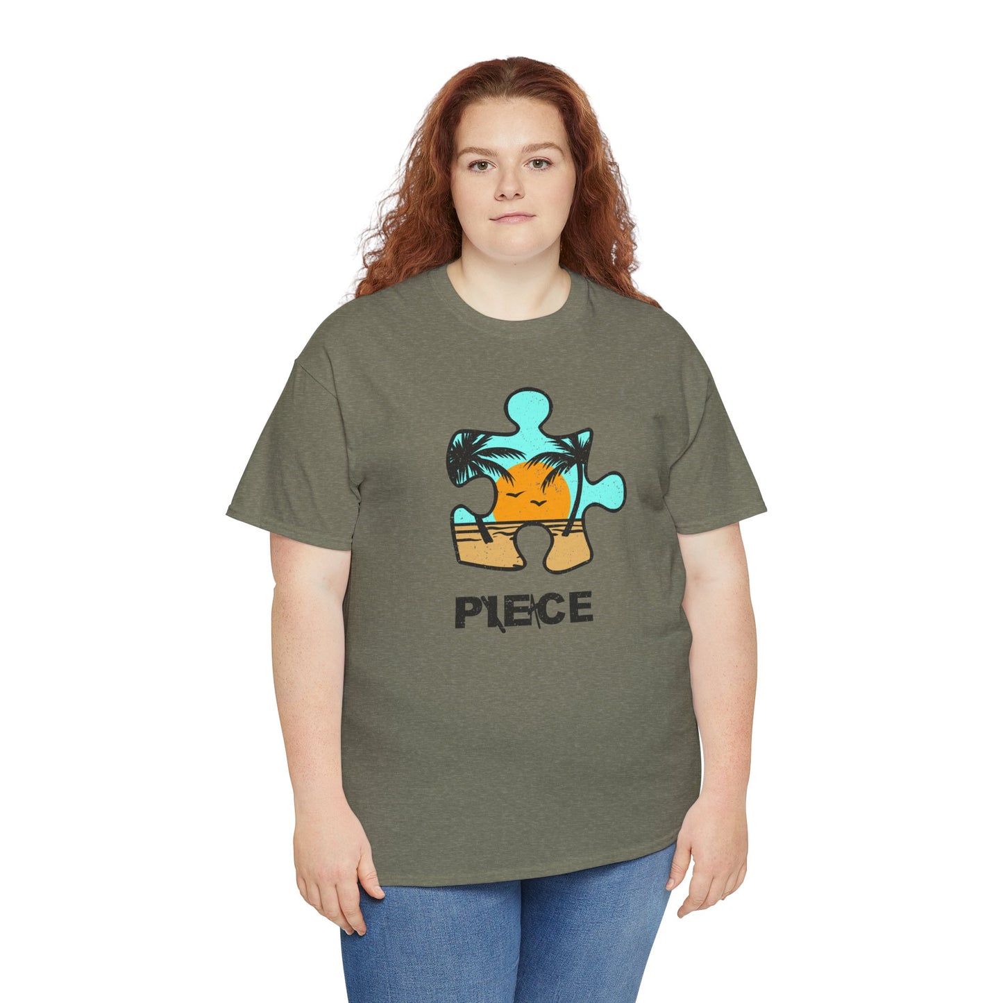 Peace Puzzle Piece T-Shirt – Distressed Beach Graphic Tee – Unisex Heavy Cotton Shirt for Tranquil Vibes