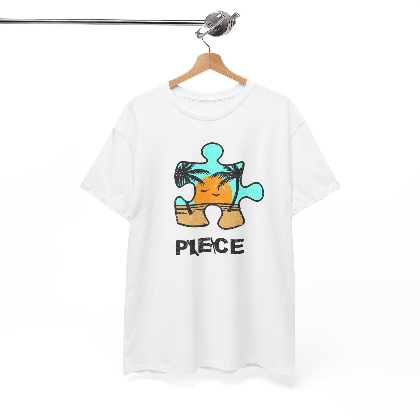 Peace Puzzle Piece T-Shirt – Distressed Beach Graphic Tee – Unisex Heavy Cotton Shirt for Tranquil Vibes