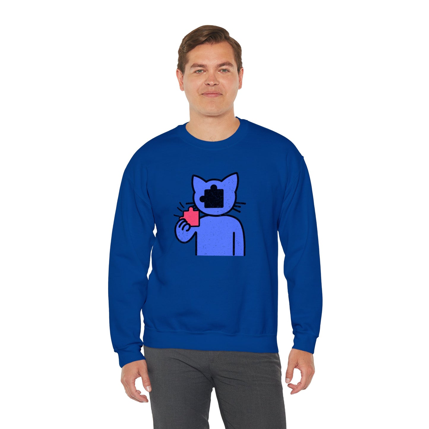 Cat Puzzle Piece Sweatshirt – Distressed Graphic Crewneck – Cozy Unisex Fleece for Life’s Puzzle Lovers