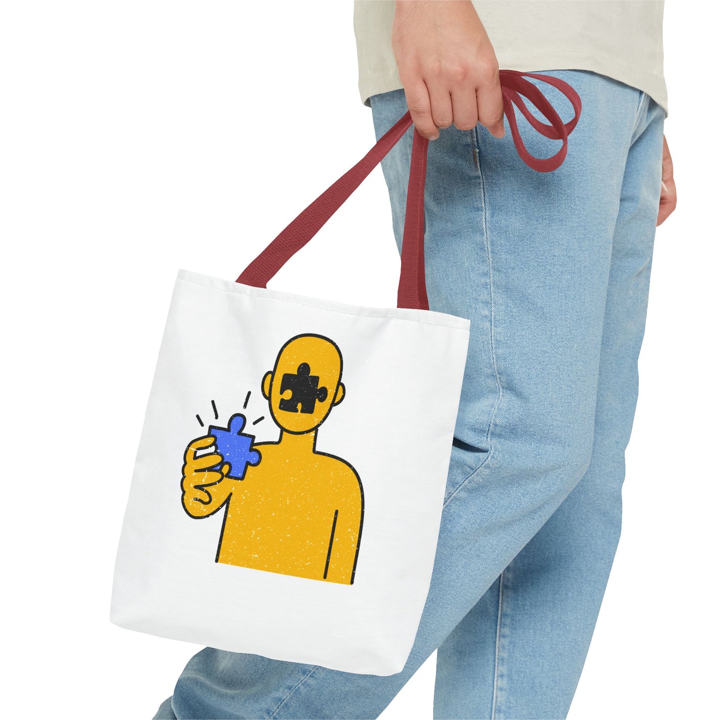 Distressed Tote Bag – Person & Beach Puzzle Piece Design with ‘Peace’ Theme