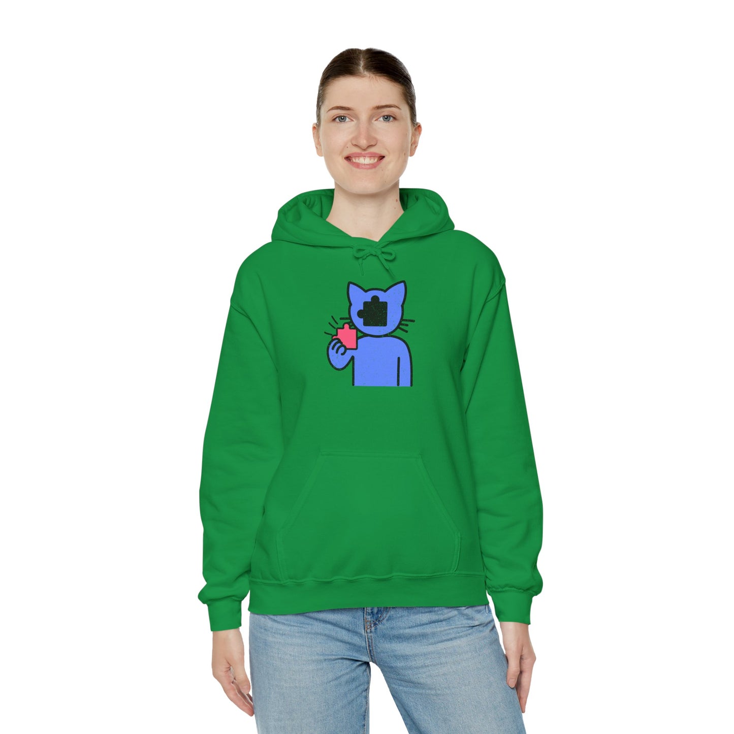 Cat Puzzle Piece Hoodie – Distressed Graphic Pullover – Cozy Unisex Hooded Sweatshirt for Puzzle Lovers