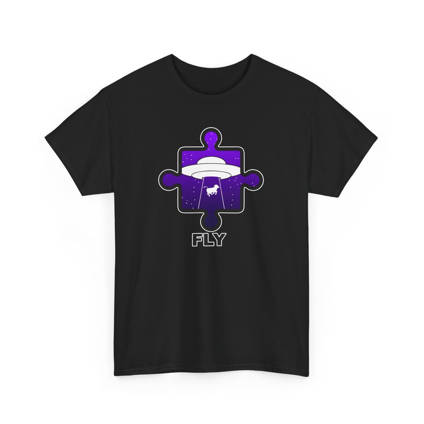 UFO Cow Abduction Puzzle Piece T-Shirt – ‘Fly’ Graphic Tee – Non-Distressed Design