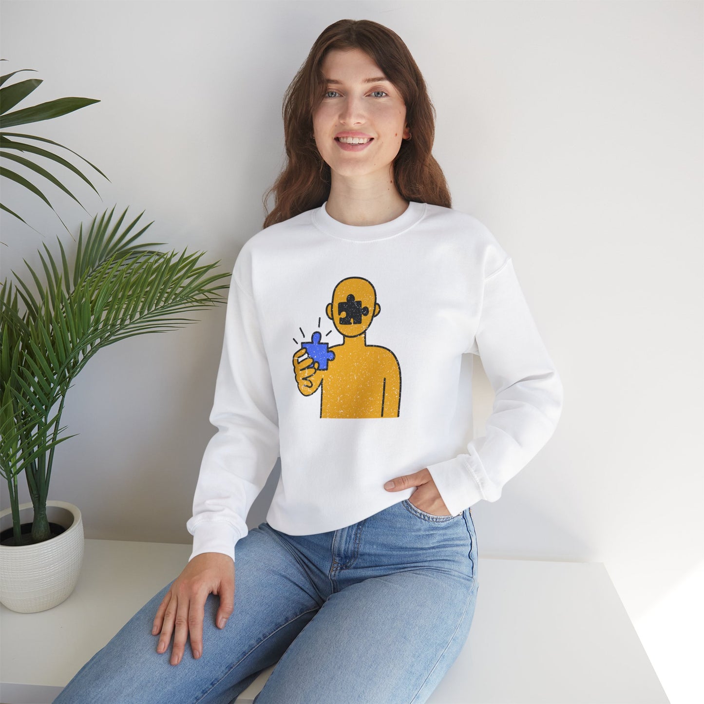 Distressed Crewneck Sweatshirt – Thoughtful Puzzle Piece Design with Human Theme