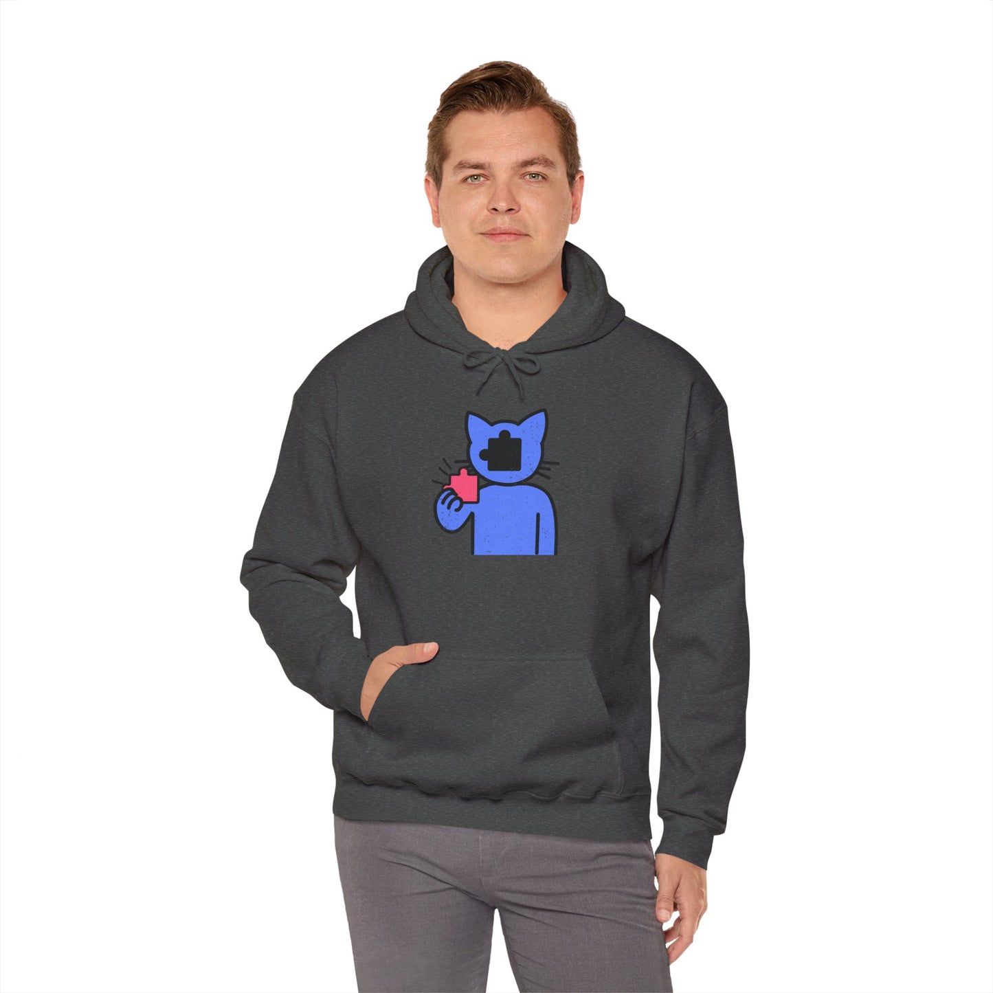 Cat Puzzle Piece Hoodie – Distressed Graphic Pullover – Cozy Unisex Hooded Sweatshirt for Puzzle Lovers