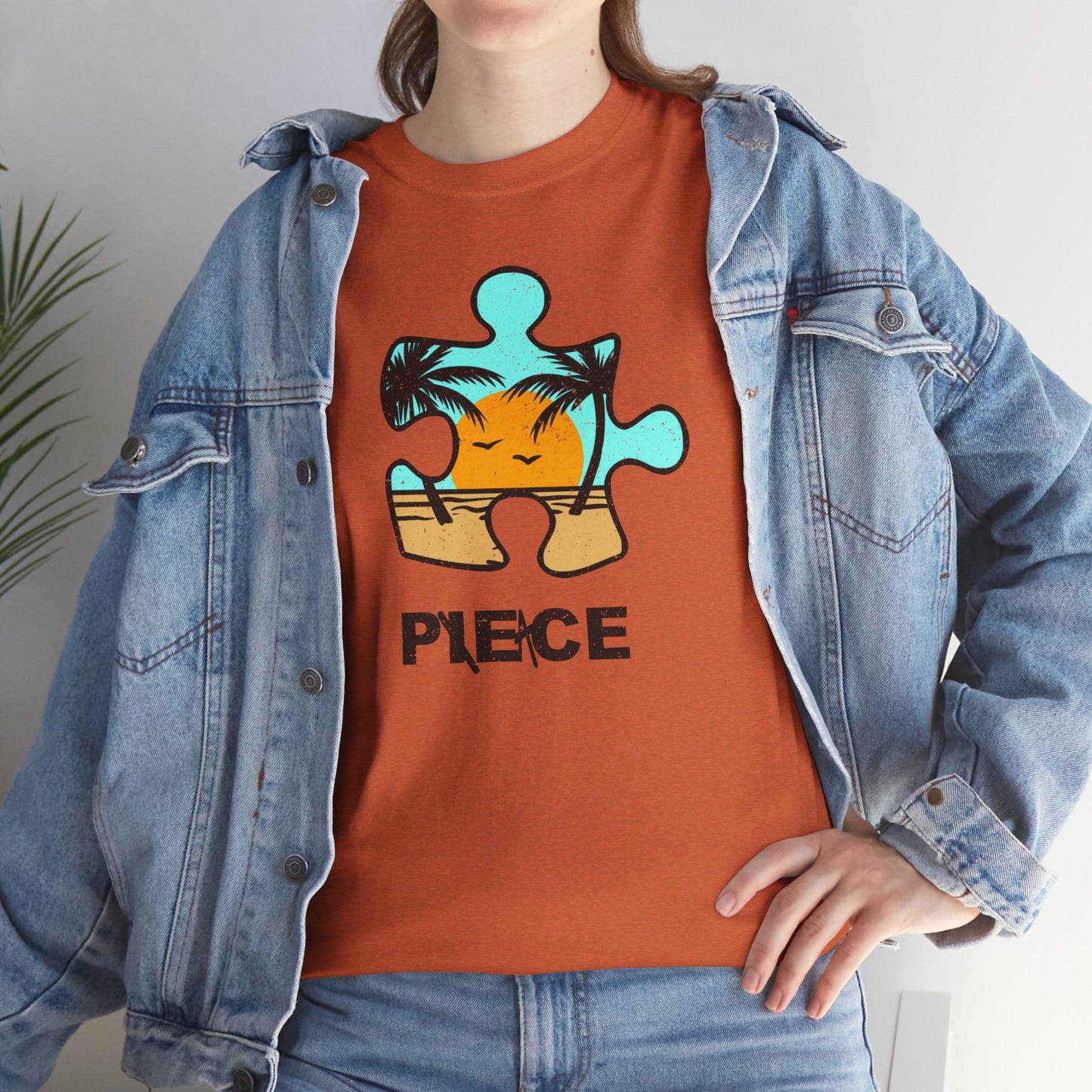 Peace Puzzle Piece T-Shirt – Distressed Beach Graphic Tee – Unisex Heavy Cotton Shirt for Tranquil Vibes