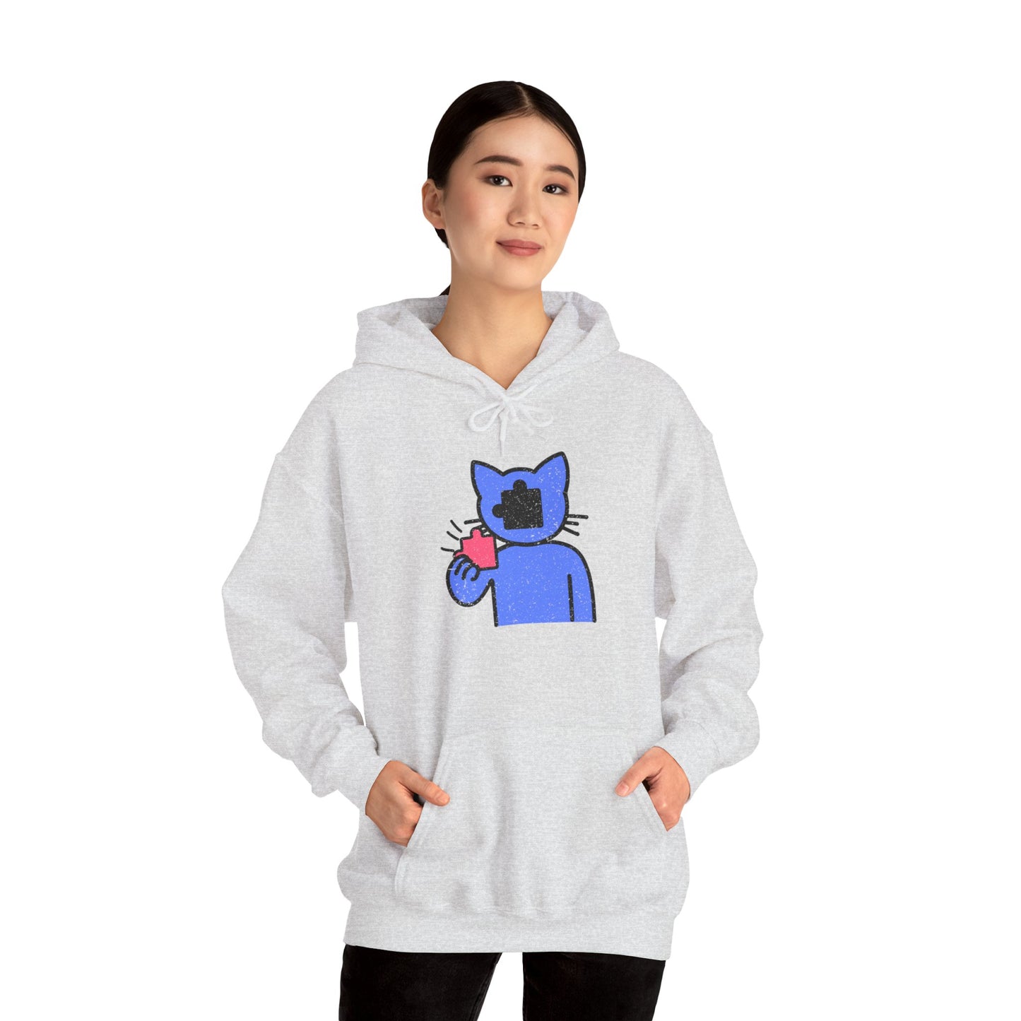 Cat Puzzle Piece Hoodie – Distressed Graphic Pullover – Cozy Unisex Hooded Sweatshirt for Puzzle Lovers