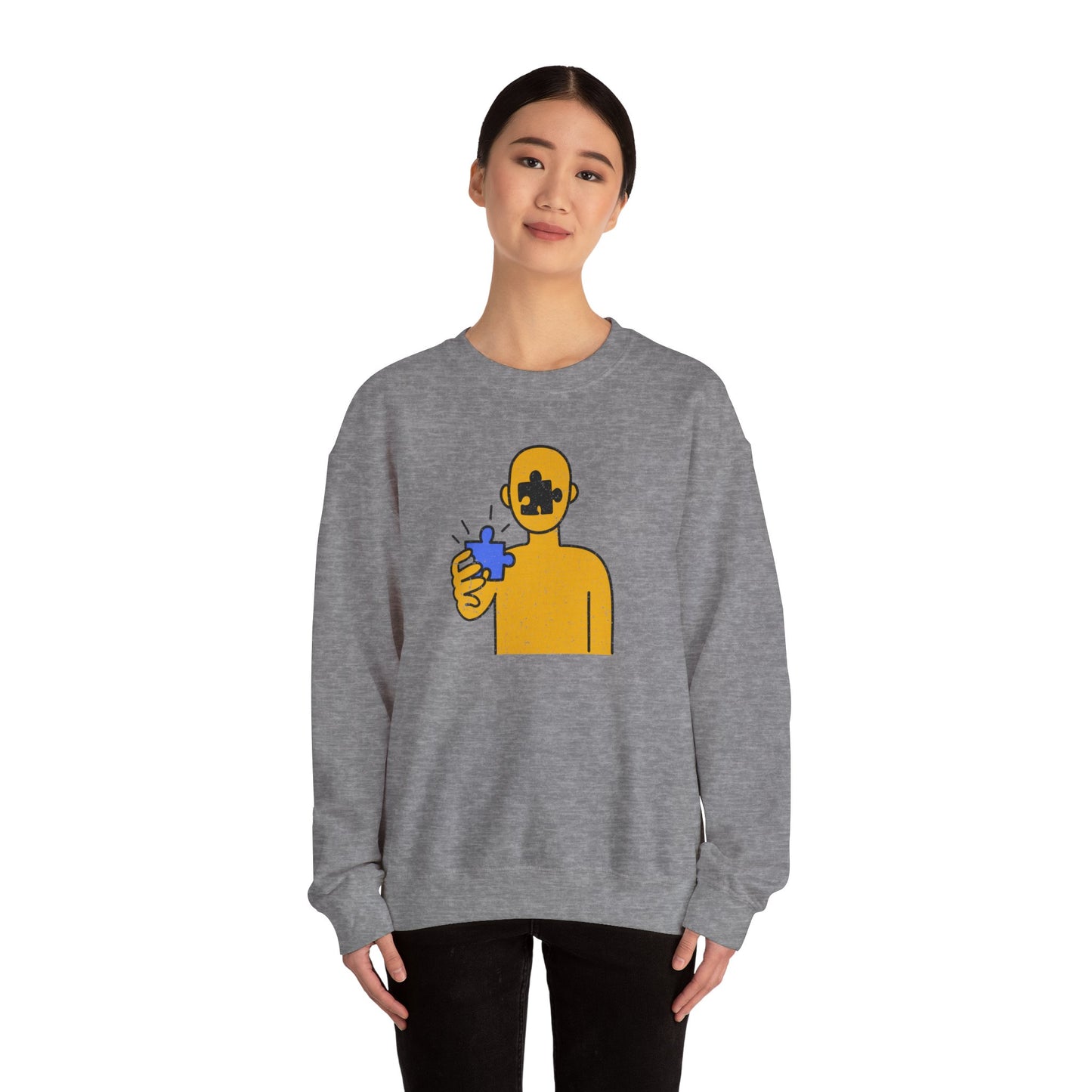 Distressed Crewneck Sweatshirt – Thoughtful Puzzle Piece Design with Human Theme