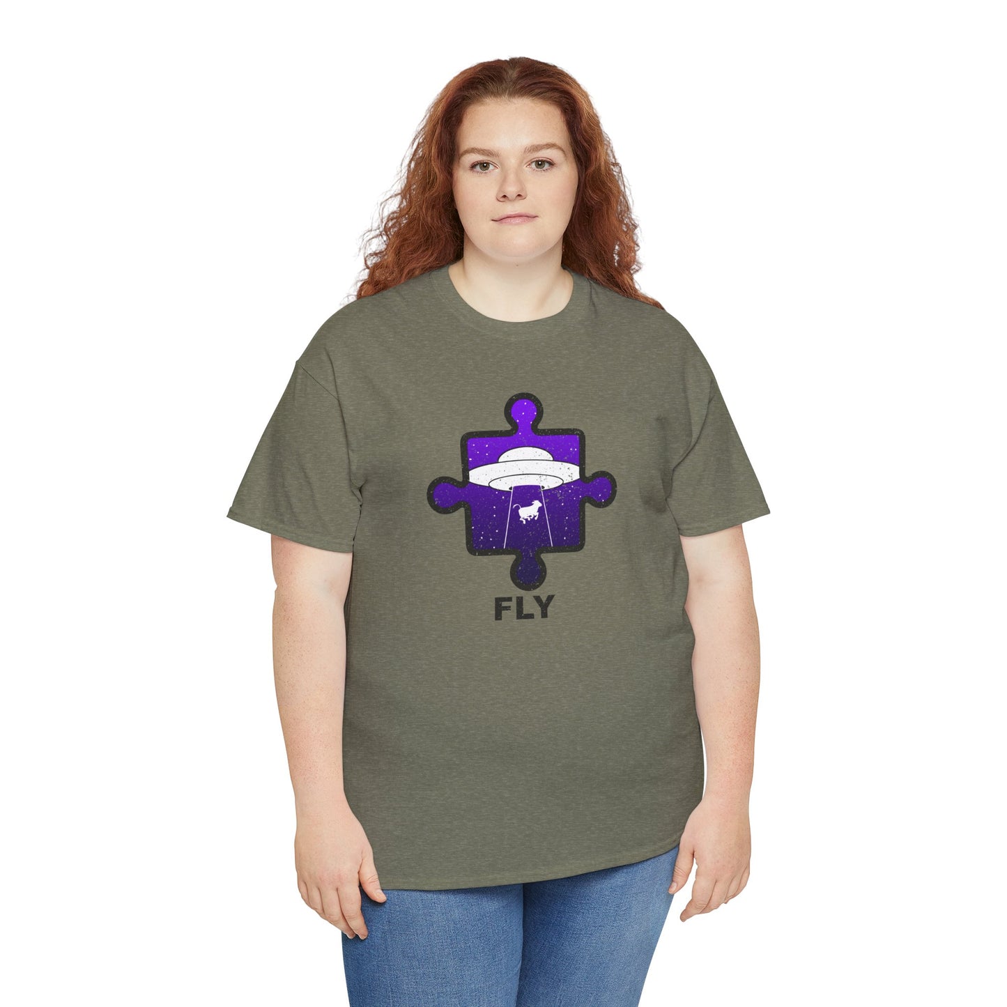 UFO Cow Abduction T-Shirt – ‘Fly’ Puzzle Piece Graphic Tee – Unisex Heavy Cotton Shirt Distressed Design