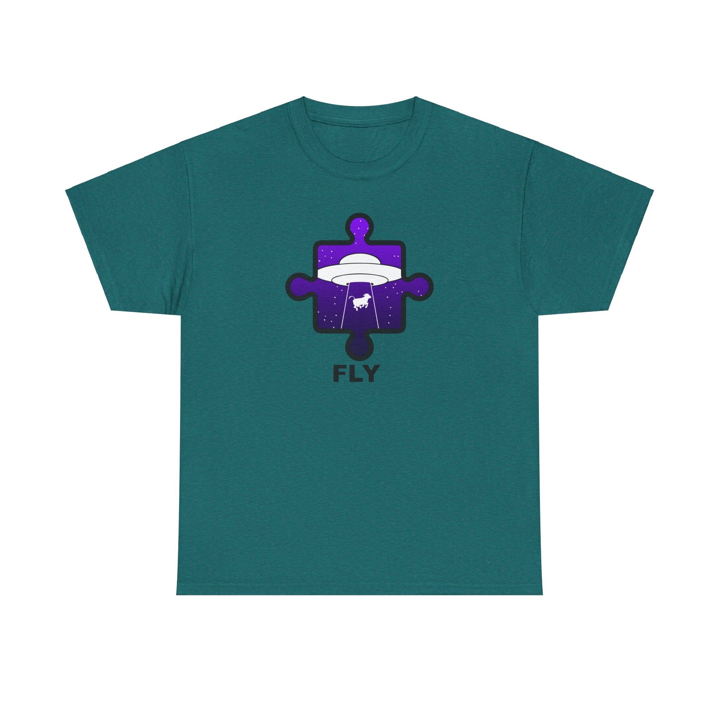 UFO Cow Abduction Puzzle Piece T-Shirt – ‘Fly’ Graphic Tee – Non-Distressed Design
