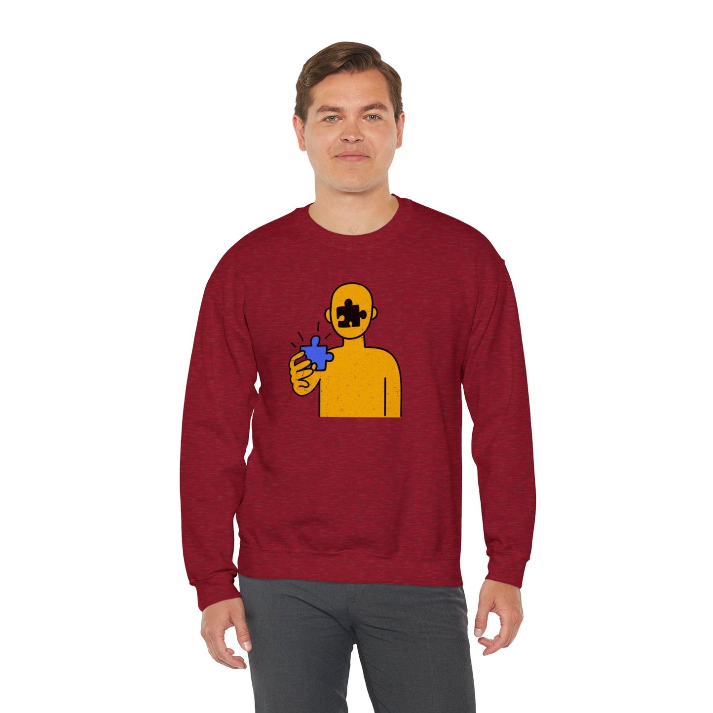 Distressed Crewneck Sweatshirt – Thoughtful Puzzle Piece Design with Human Theme