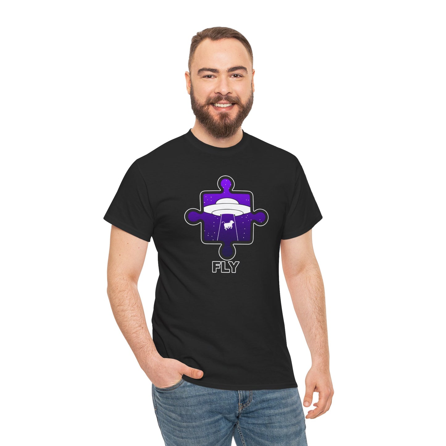 UFO Cow Abduction Puzzle Piece T-Shirt – ‘Fly’ Graphic Tee – Non-Distressed Design