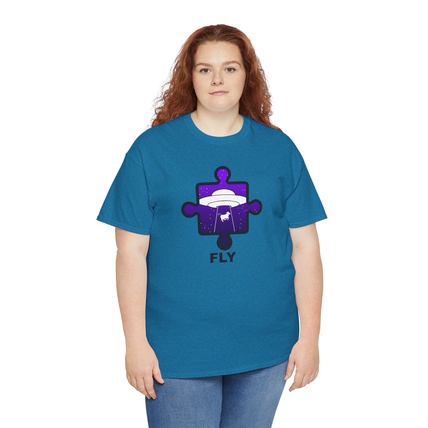 UFO Cow Abduction Puzzle Piece T-Shirt – ‘Fly’ Graphic Tee – Non-Distressed Design