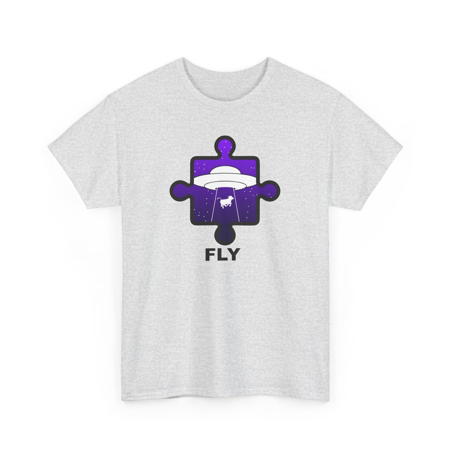 UFO Cow Abduction Puzzle Piece T-Shirt – ‘Fly’ Graphic Tee – Non-Distressed Design